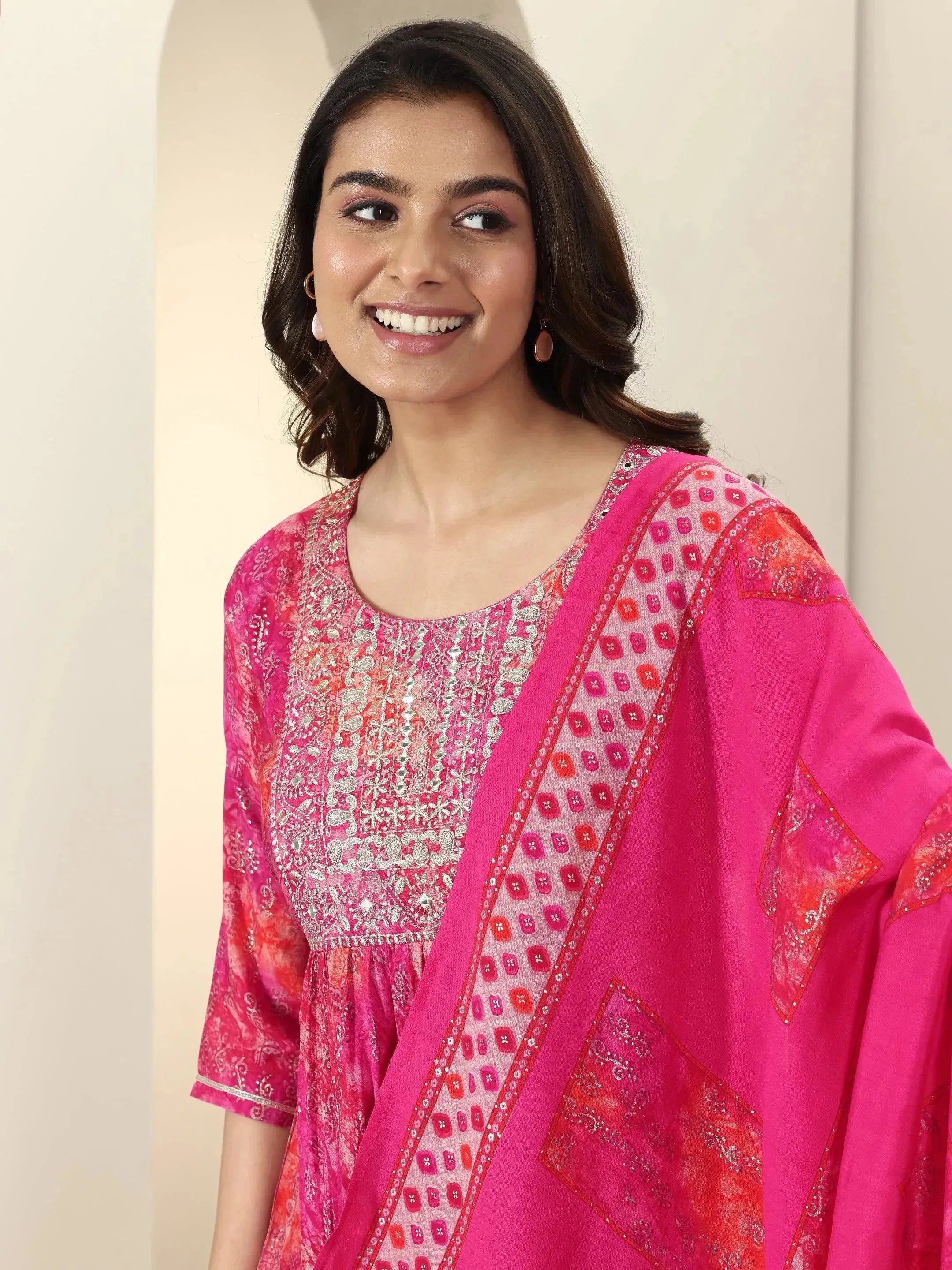 Pink Printed Silk Blend Anarkali Suit Sets With Dupatta