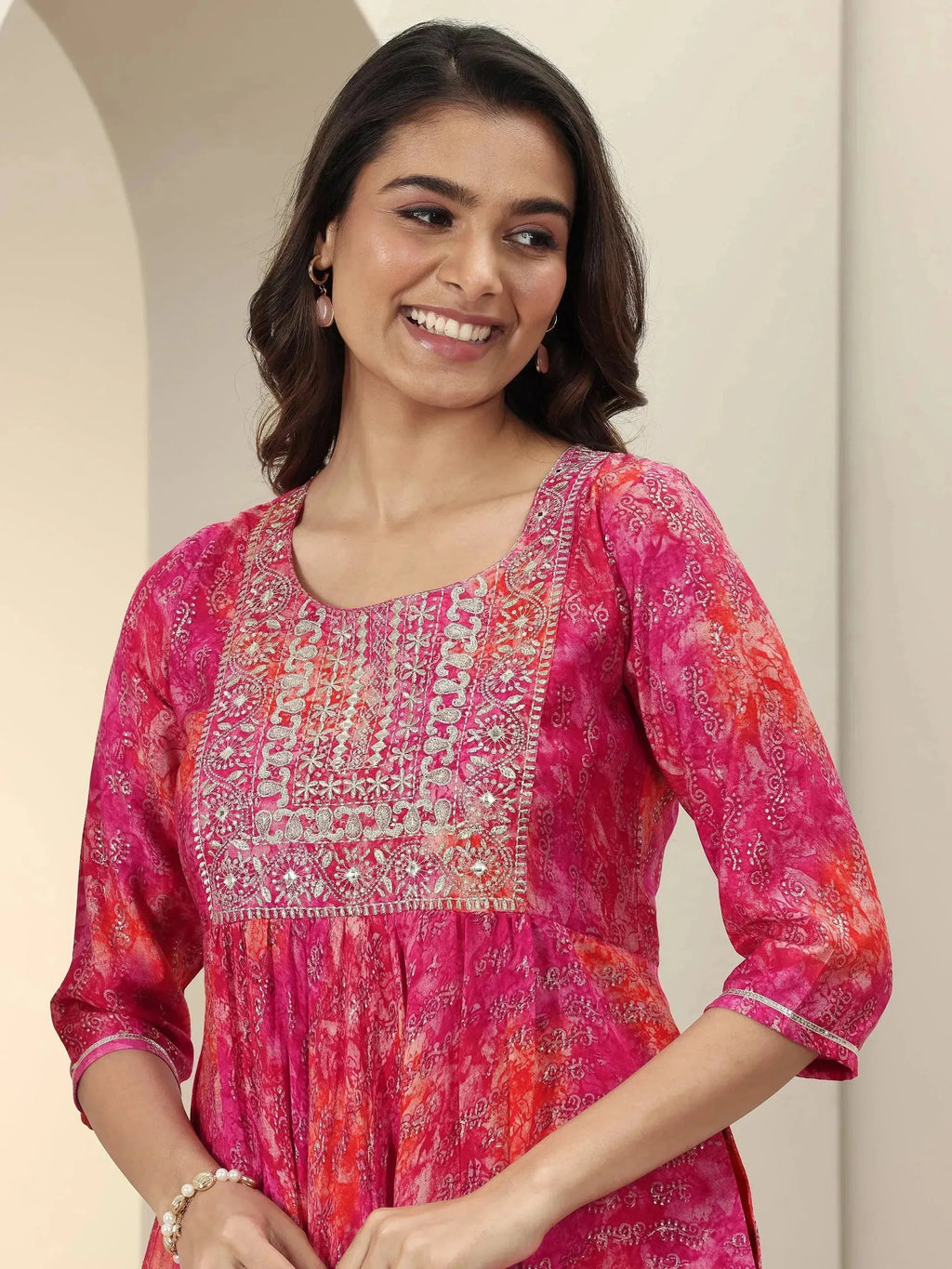 Pink Printed Silk Blend Anarkali Suit Sets With Dupatta