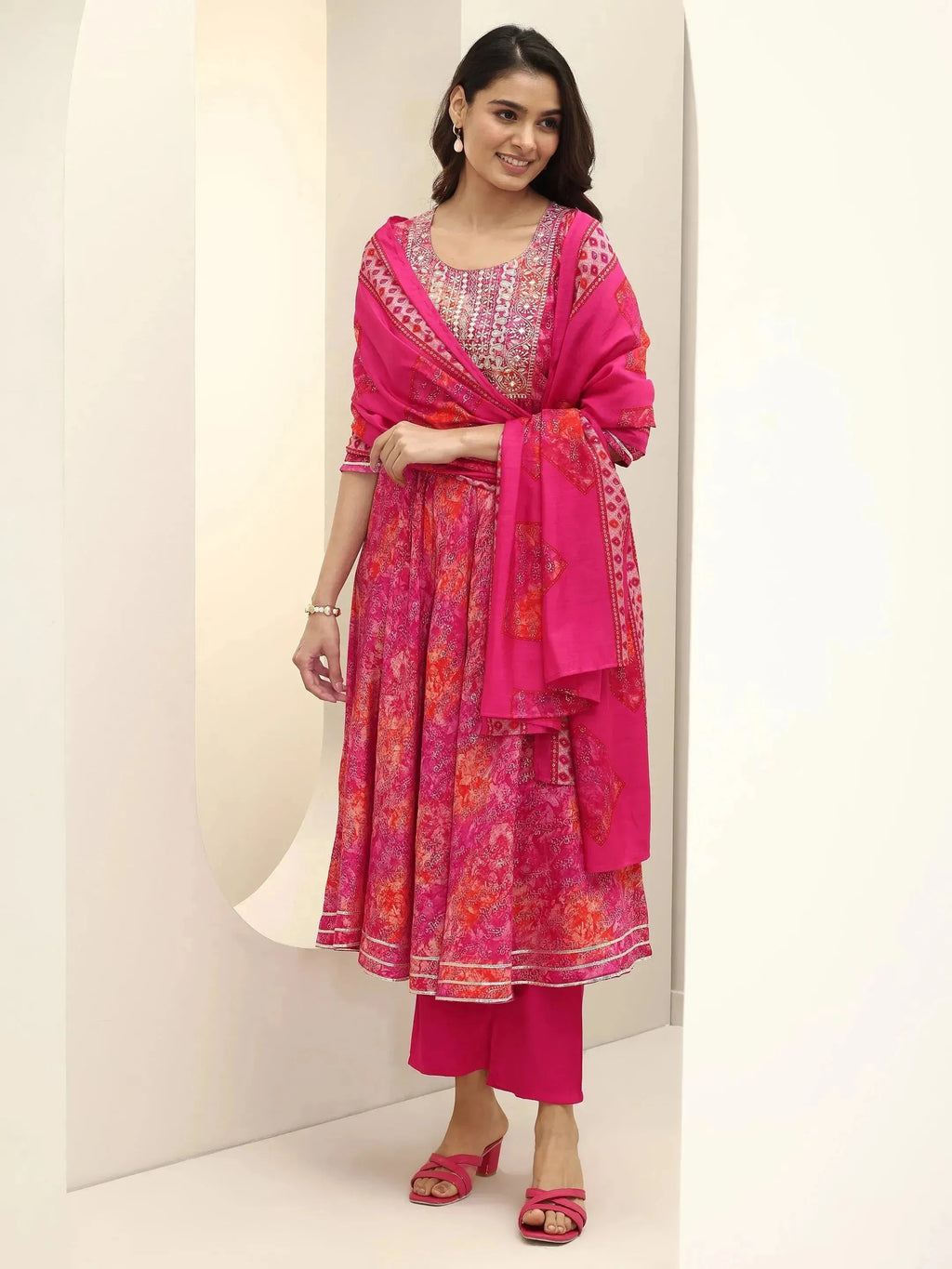 Pink Printed Silk Blend Anarkali Suit Sets With Dupatta