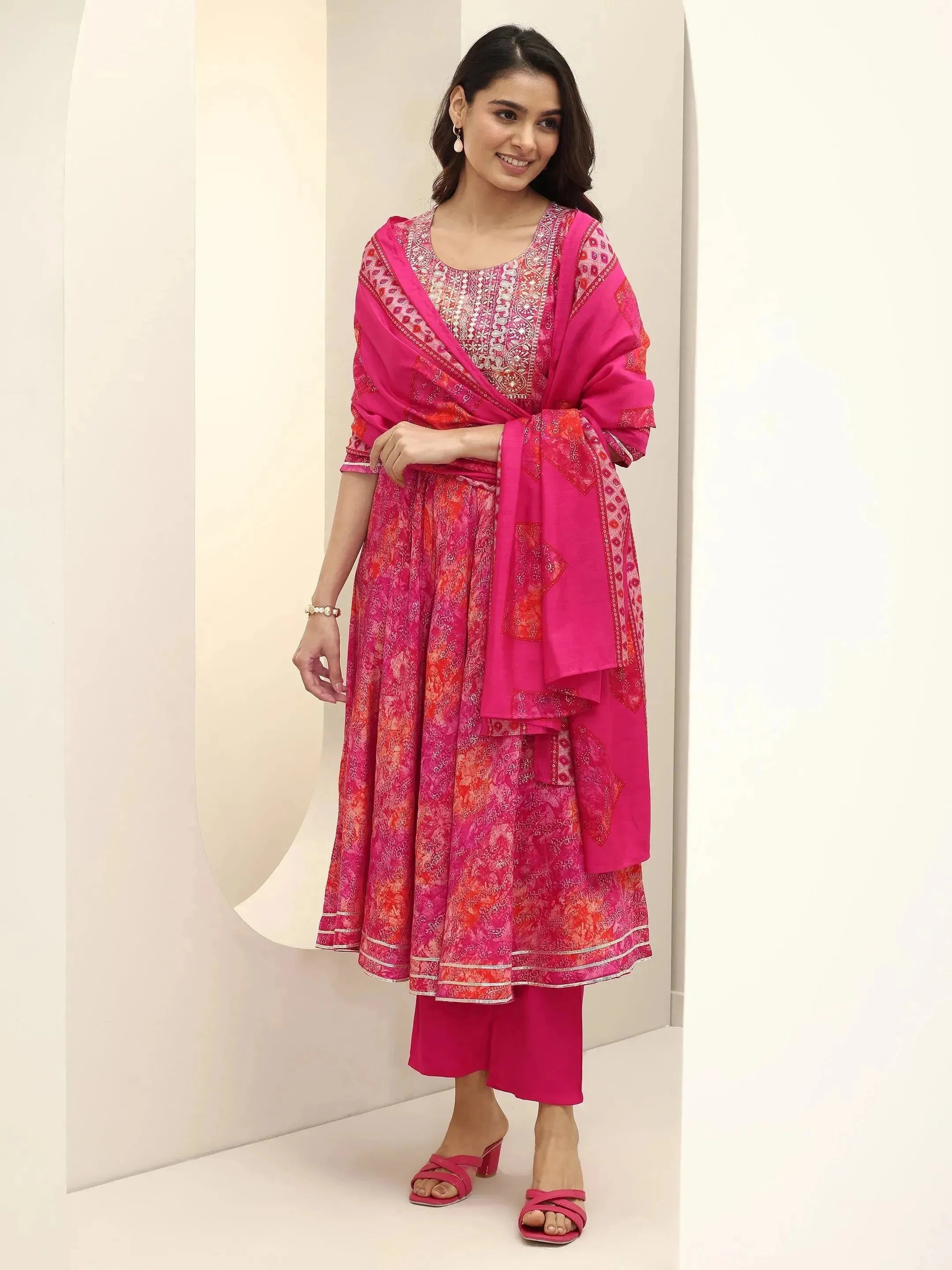 Pink Printed Silk Blend Anarkali Suit Sets With Dupatta