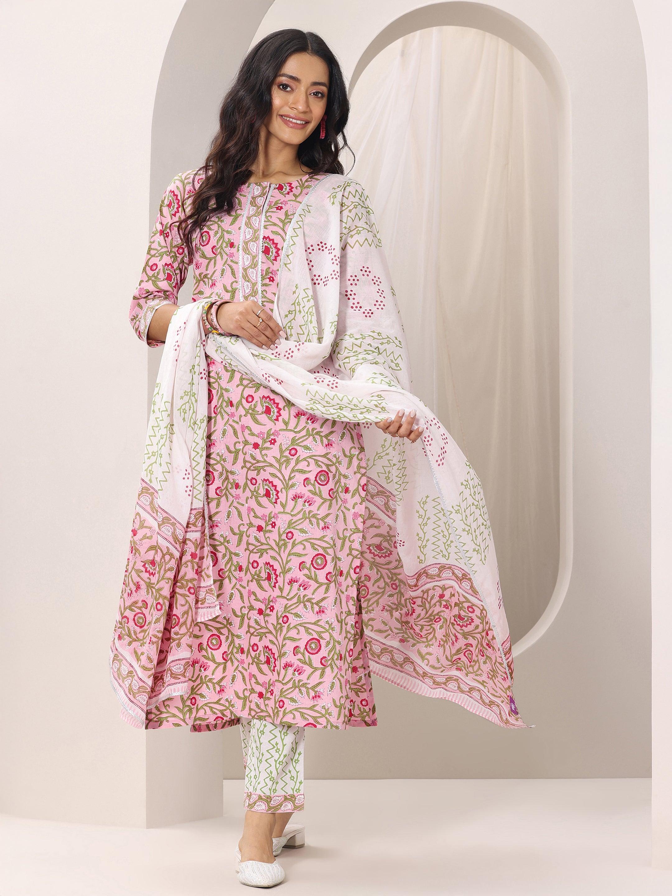 Peach Printed Cotton Straight Suit Set With Dupatta
