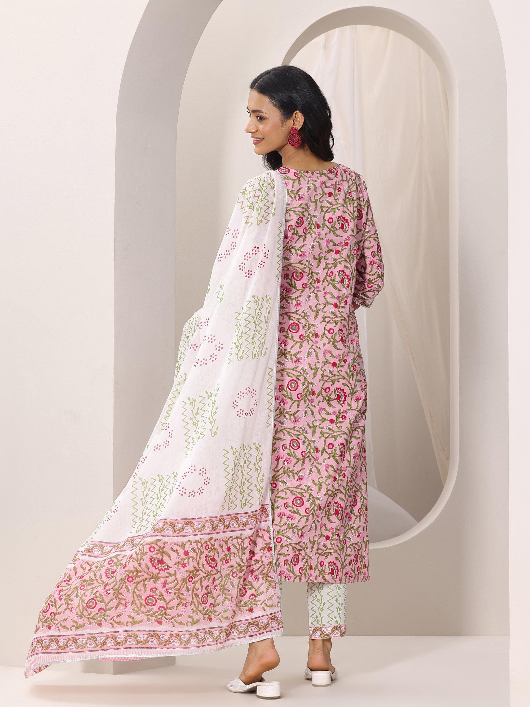 Peach Printed Cotton Straight Suit Set With Dupatta