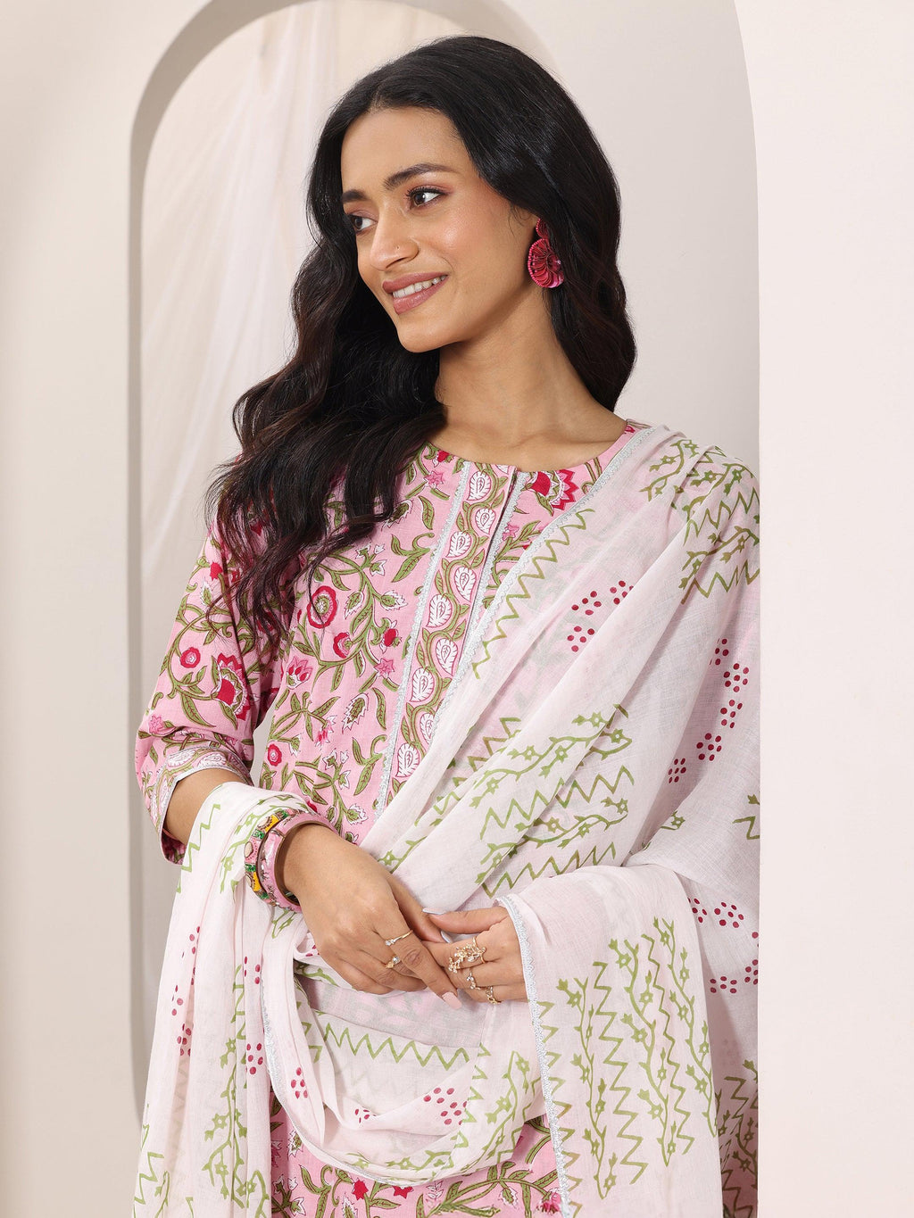 Peach Printed Cotton Straight Suit Set With Dupatta