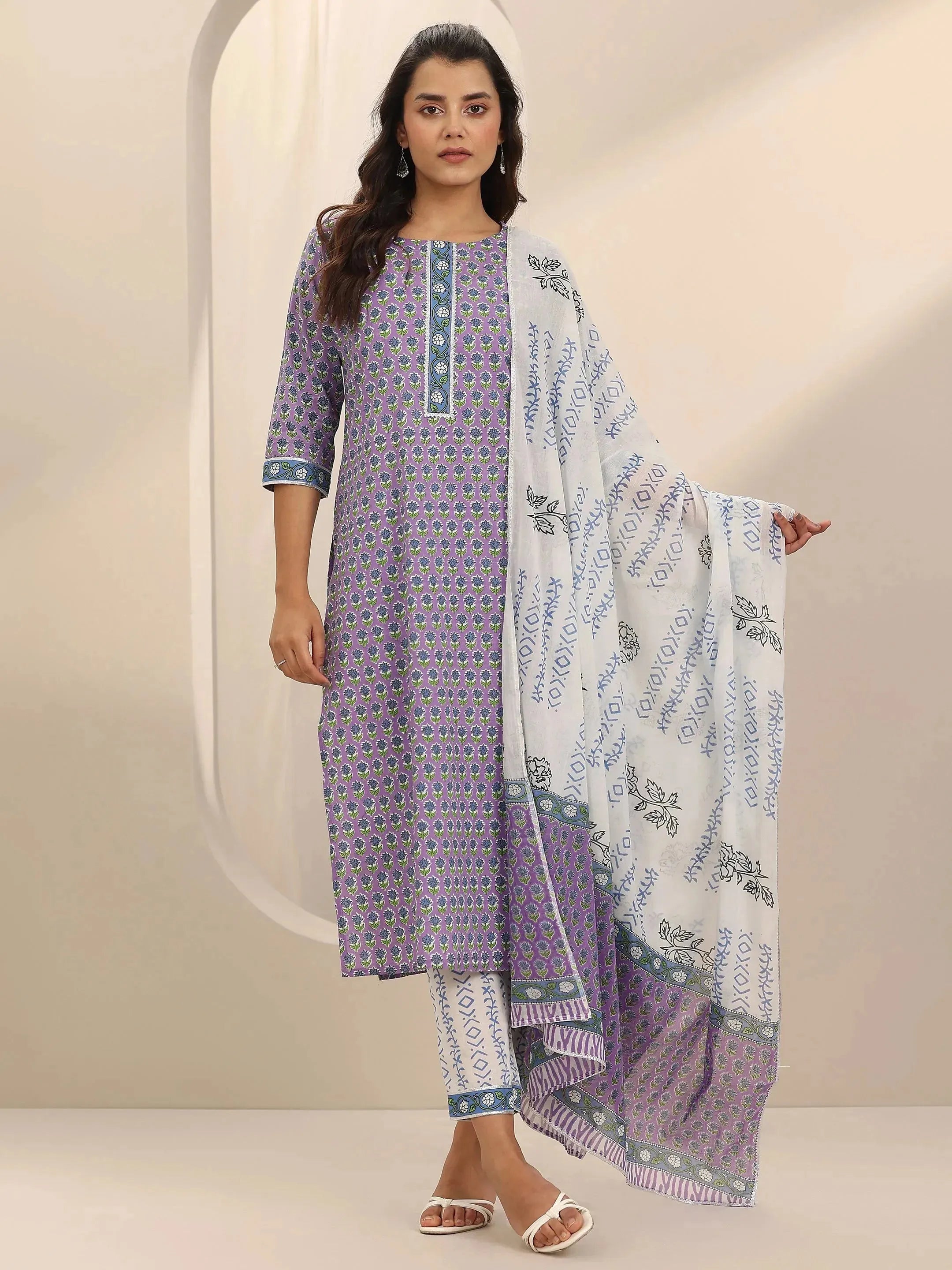 Lavender Printed Cotton Straight Suit Set With Dupatta