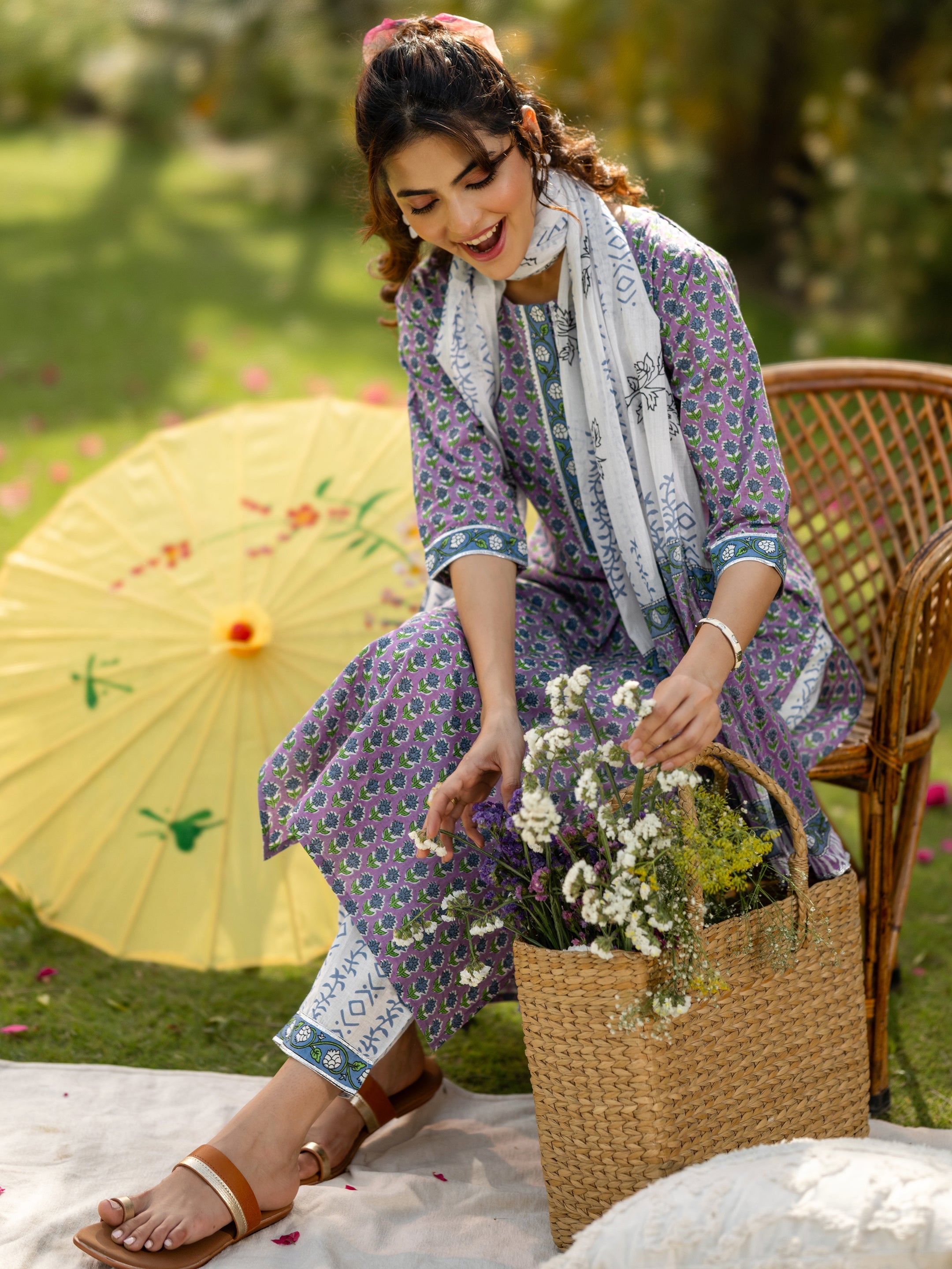 Lavender Printed Cotton Straight Suit Set With Dupatta