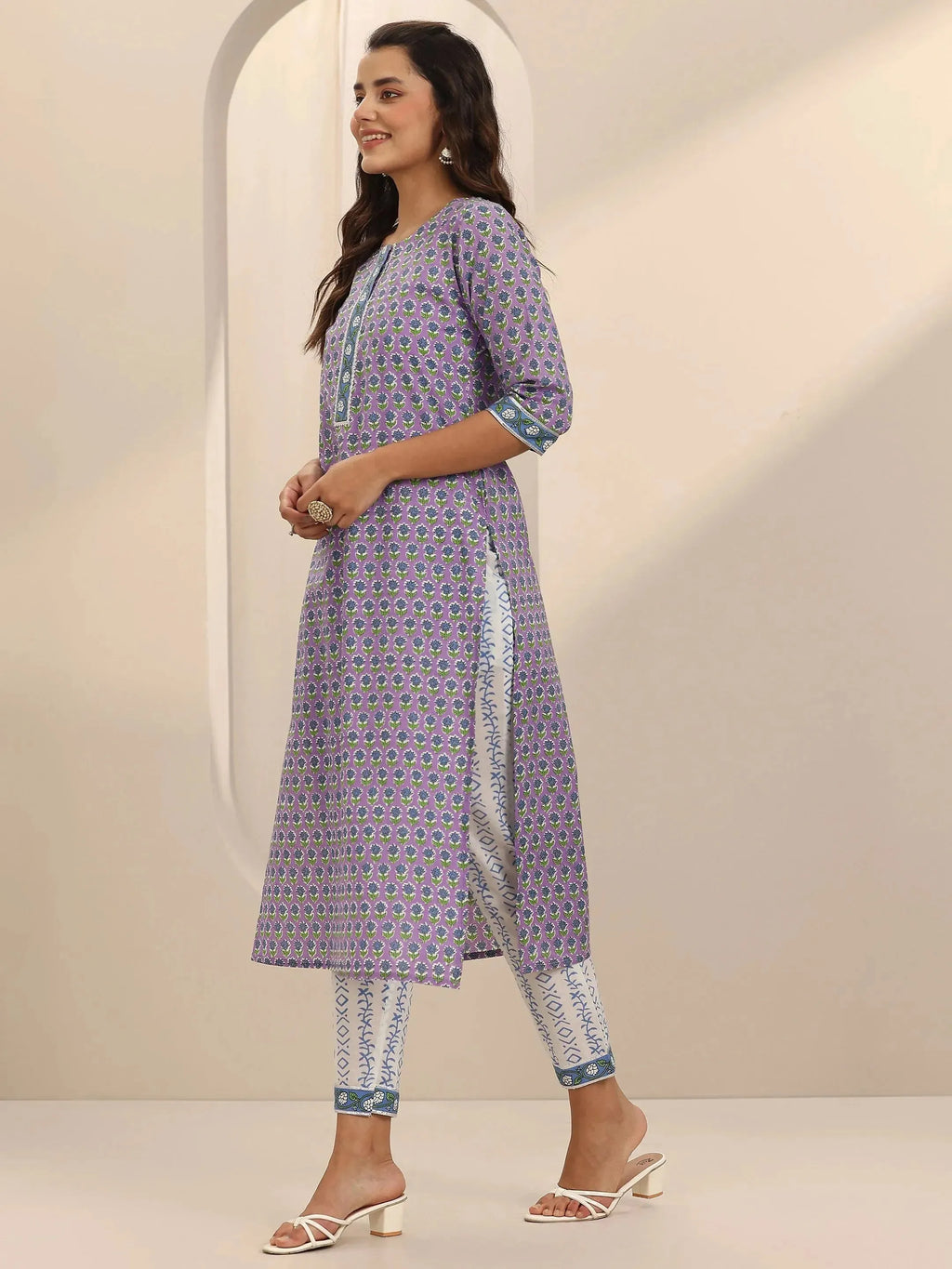 Lavender Printed Cotton Straight Suit Set With Dupatta