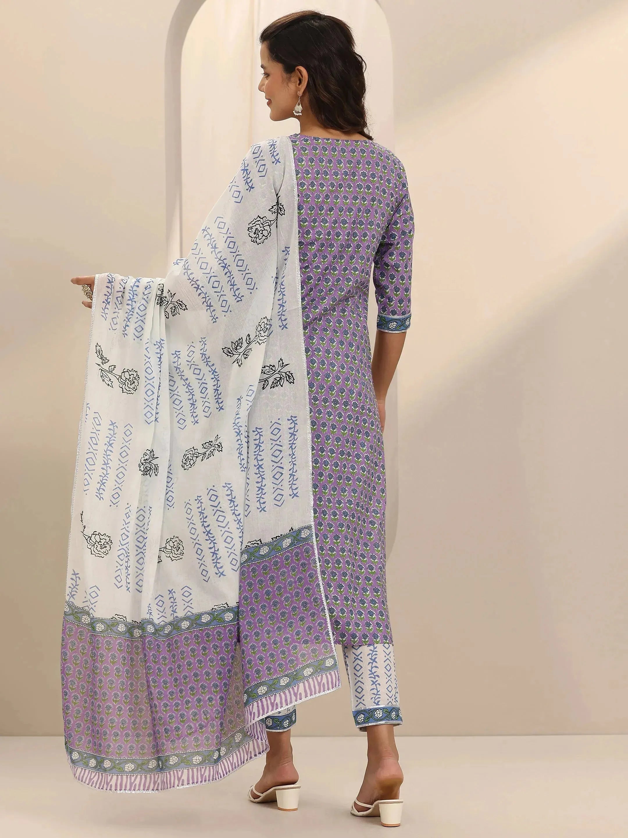 Lavender Printed Cotton Straight Suit Set With Dupatta