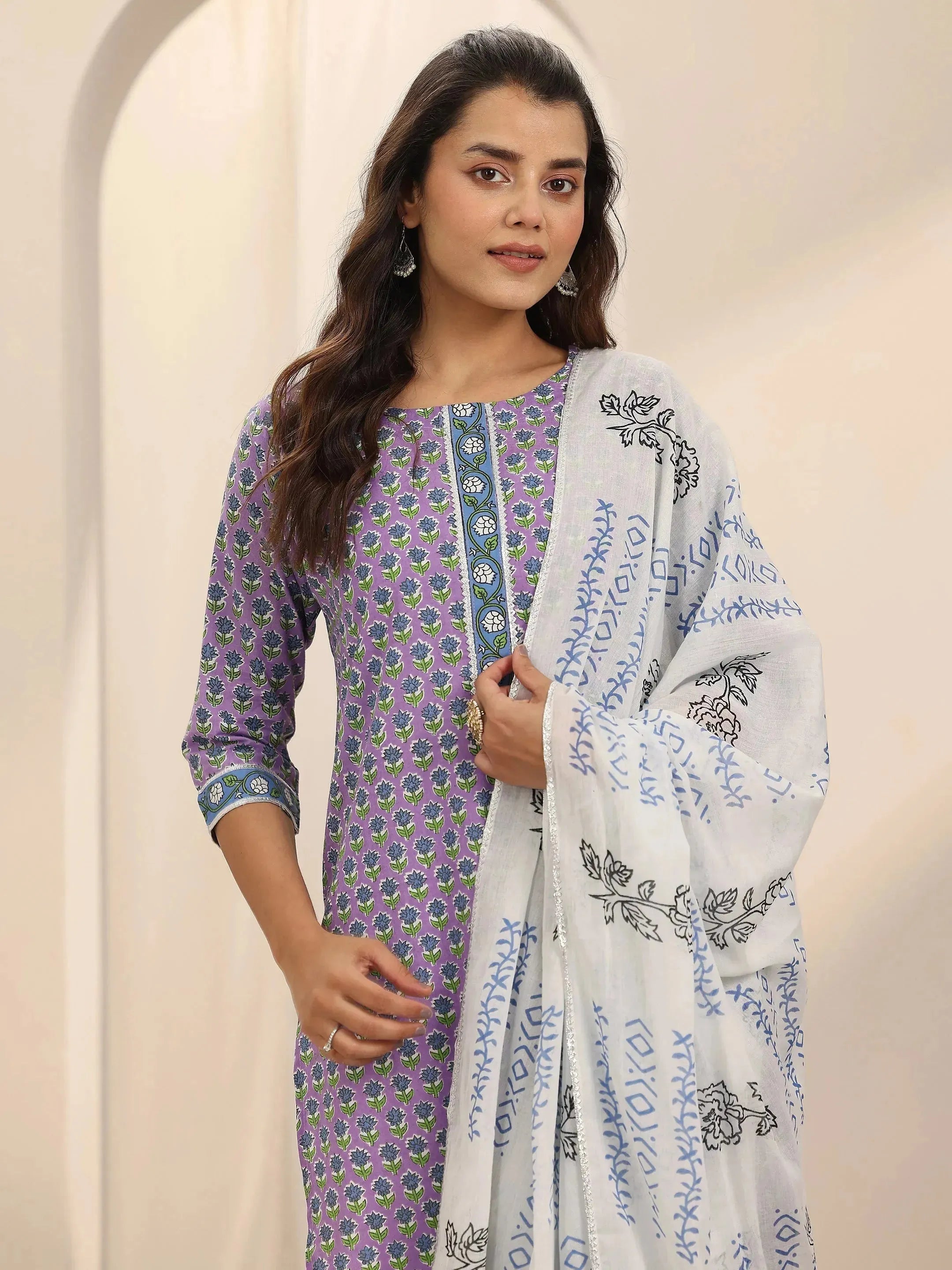 Lavender Printed Cotton Straight Suit Set With Dupatta