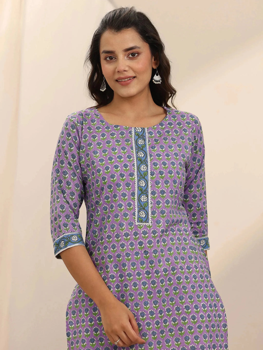 Lavender Printed Cotton Straight Suit Set With Dupatta