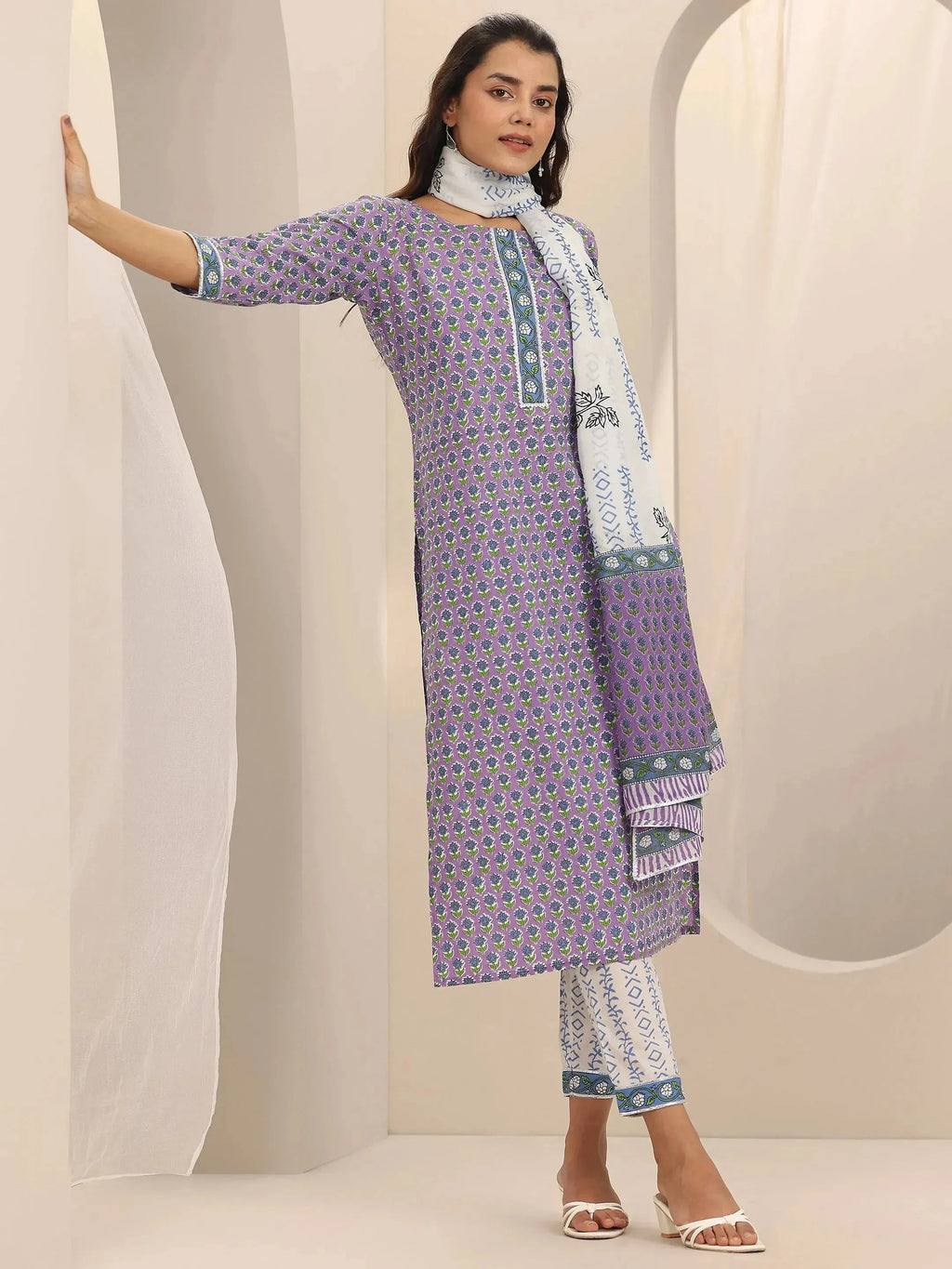Lavender Printed Cotton Straight Suit Set With Dupatta