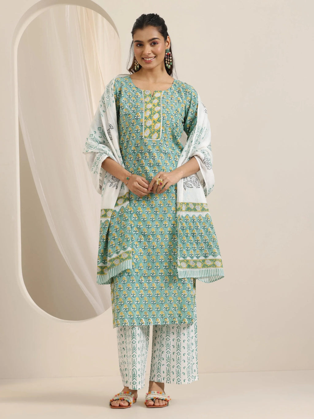 Green Printed Cotton Straight Suit Set With Dupatta