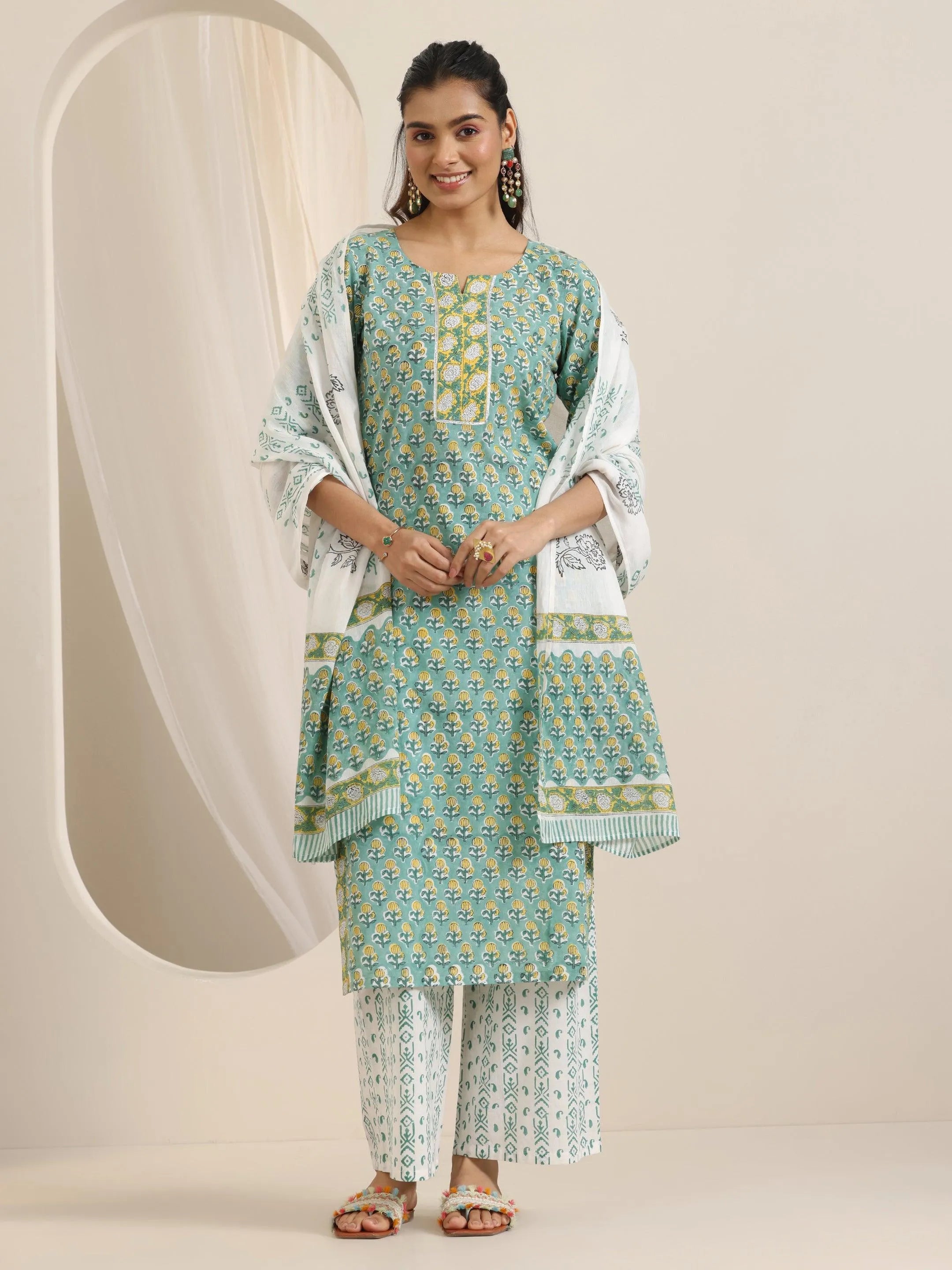 Green Printed Cotton Straight Suit Set With Dupatta