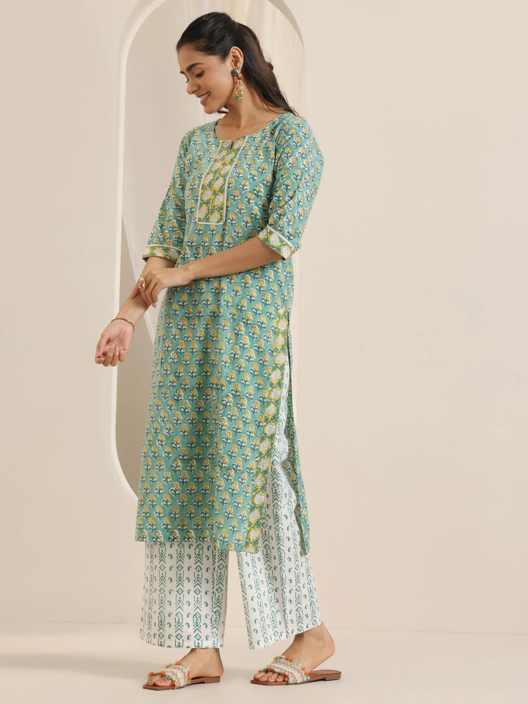 Green Printed Cotton Straight Suit Set With Dupatta