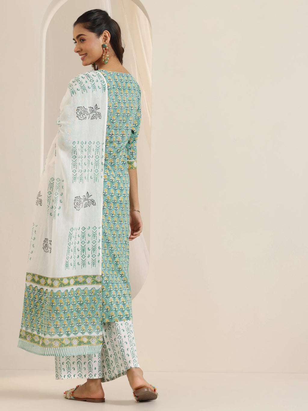 Green Printed Cotton Straight Suit Set With Dupatta