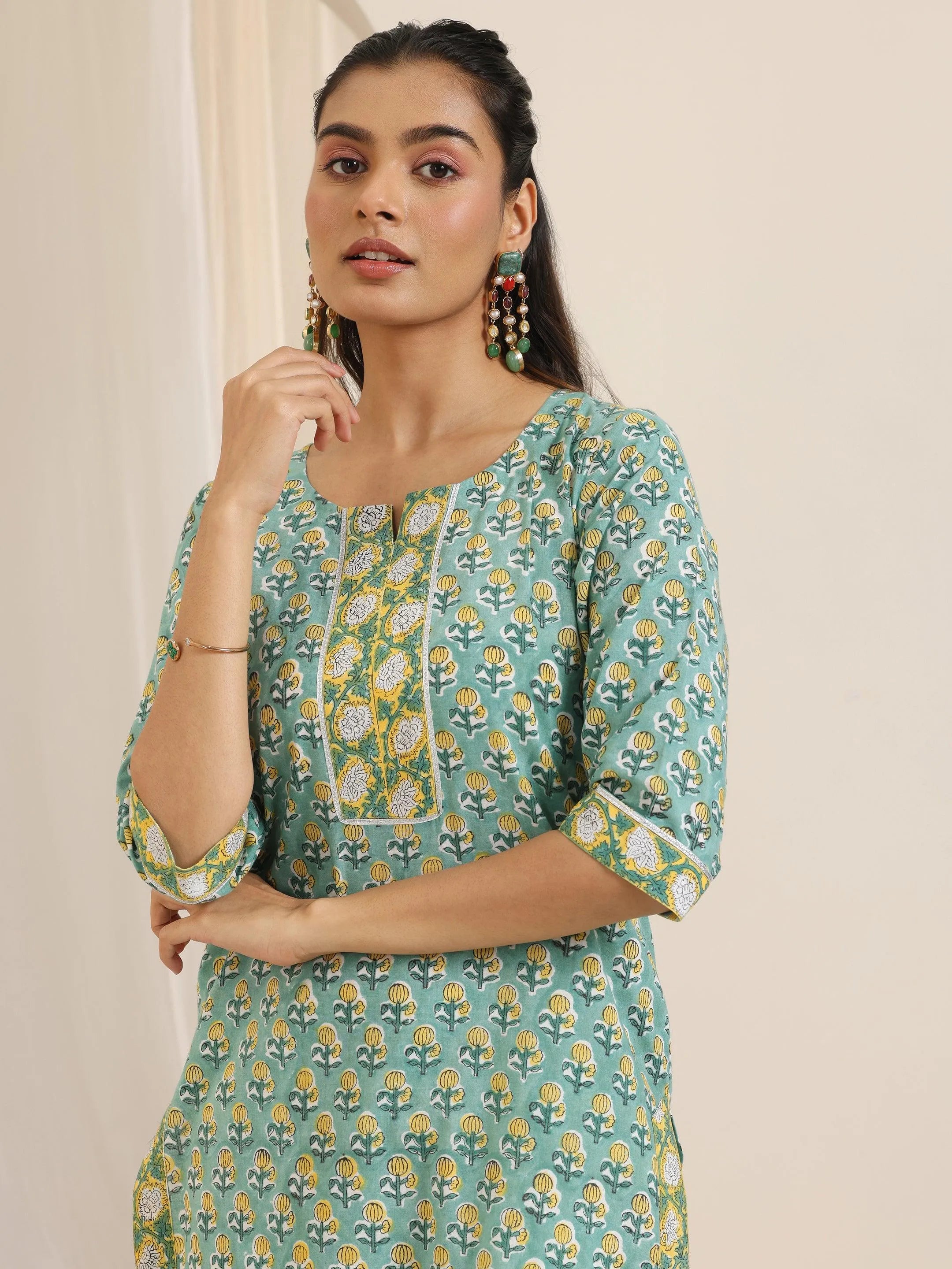 Green Printed Cotton Straight Suit Set With Dupatta