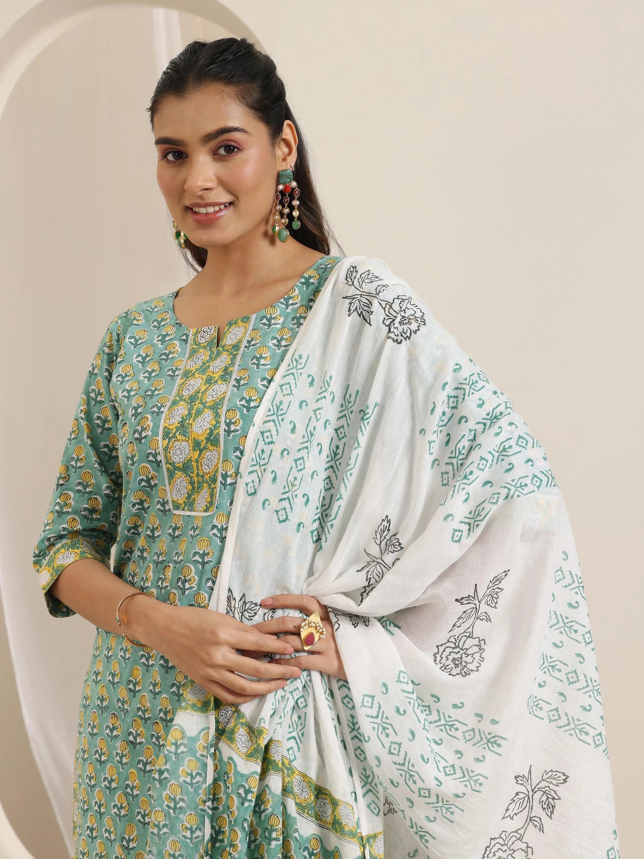 Green Printed Cotton Straight Suit Set With Dupatta