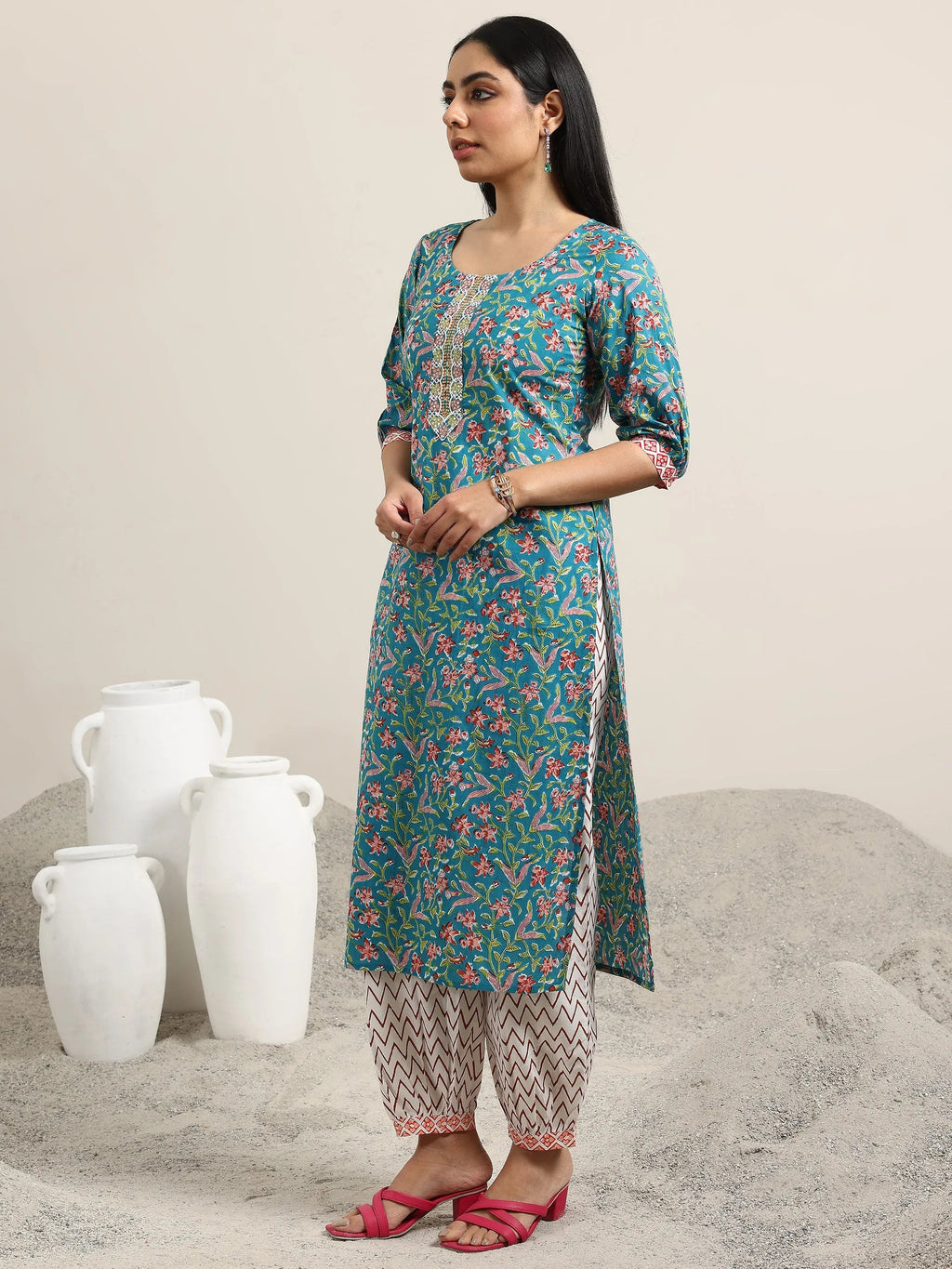 Blue Printed Cotton Straight Suit With Dupatta
