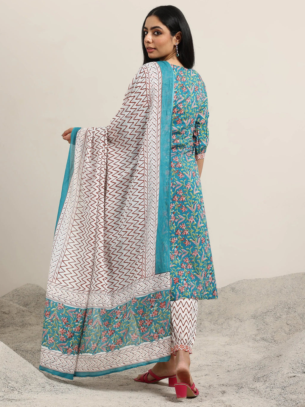 Blue Printed Cotton Straight Suit With Dupatta