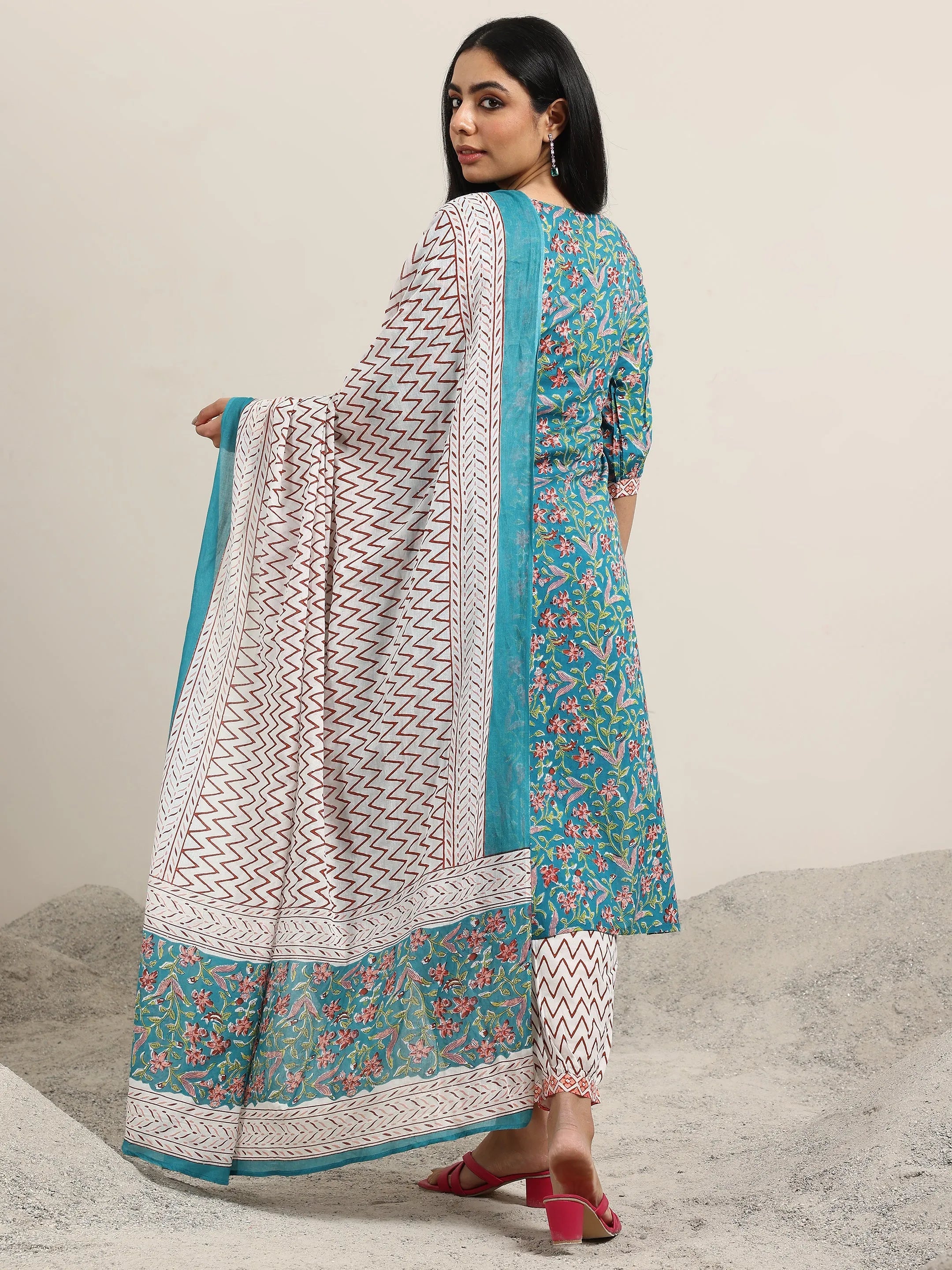 Blue Printed Cotton Straight Suit With Dupatta
