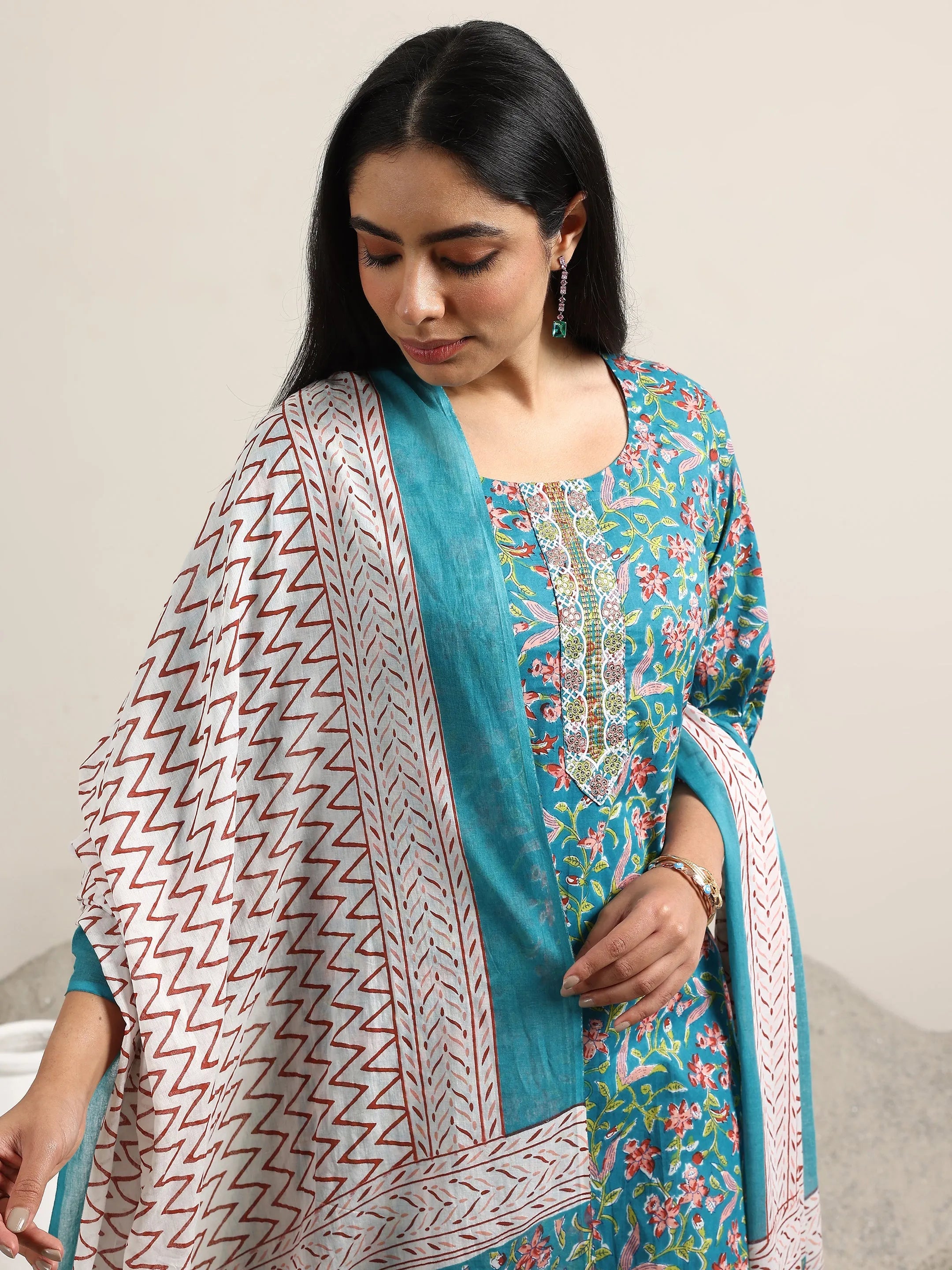 Blue Printed Cotton Straight Suit With Dupatta
