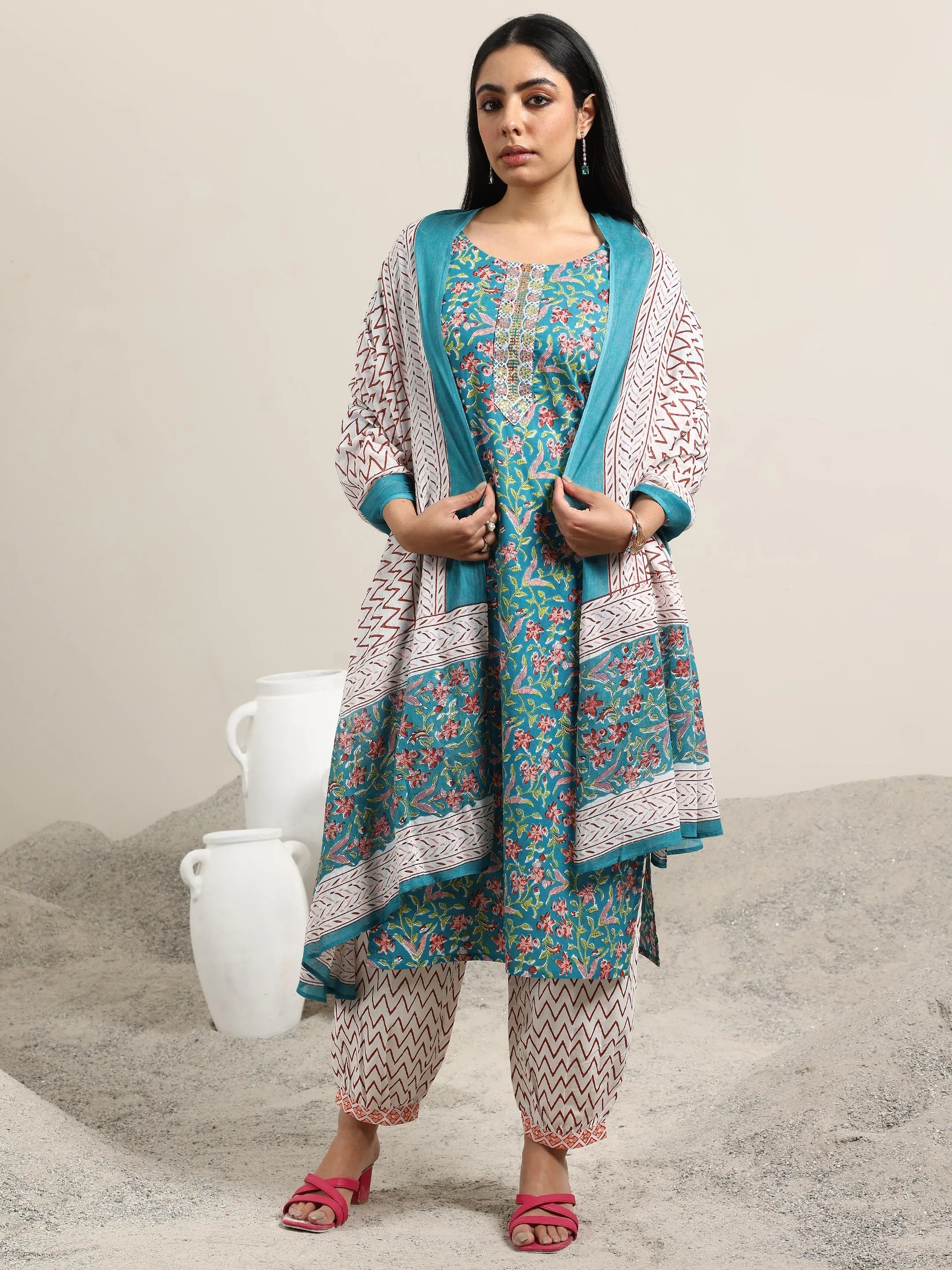 Blue Printed Cotton Straight Suit With Dupatta