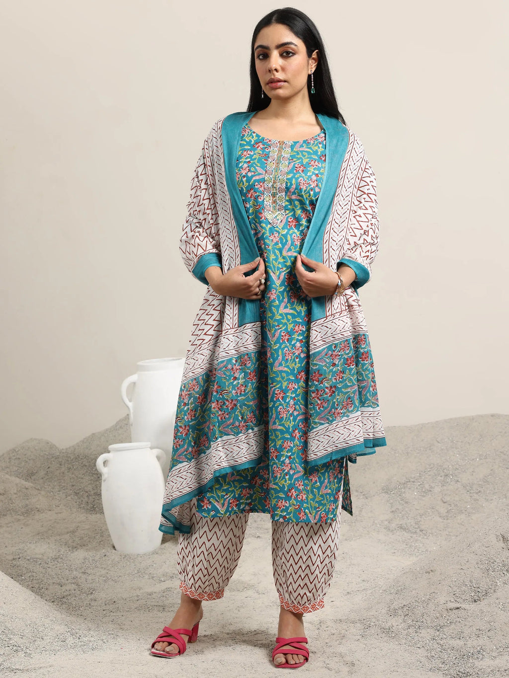 Blue Printed Cotton Straight Suit With Dupatta