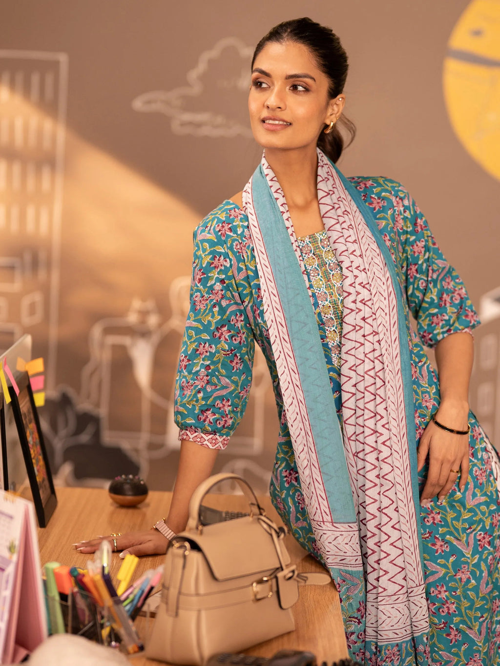 Blue Printed Cotton Straight Suit With Dupatta