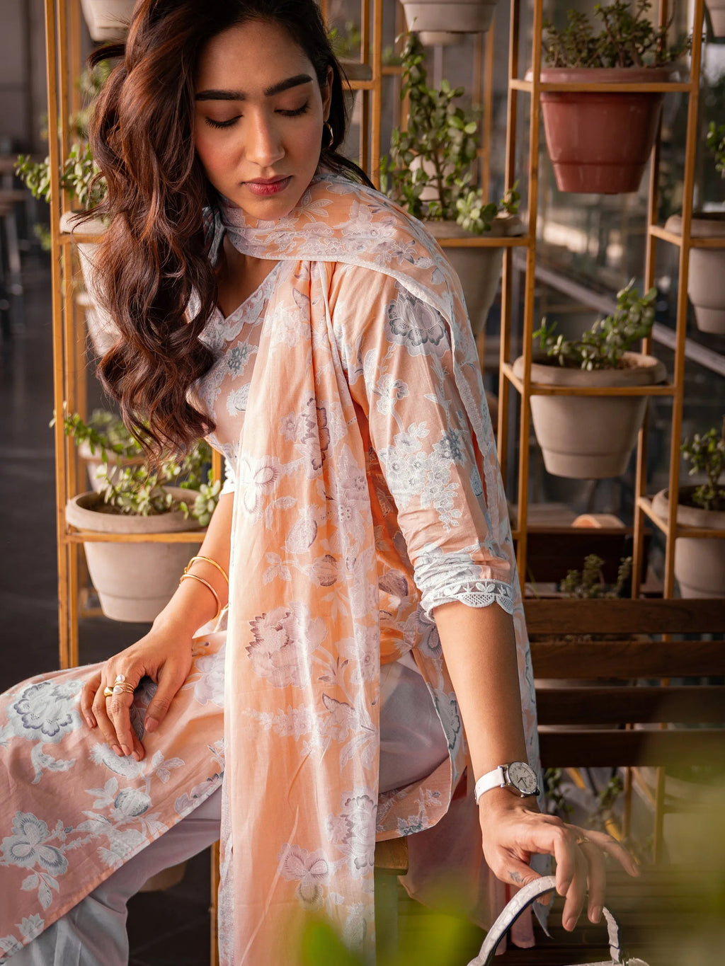 Peach Printed Cotton Straight Suit Set With Dupatta