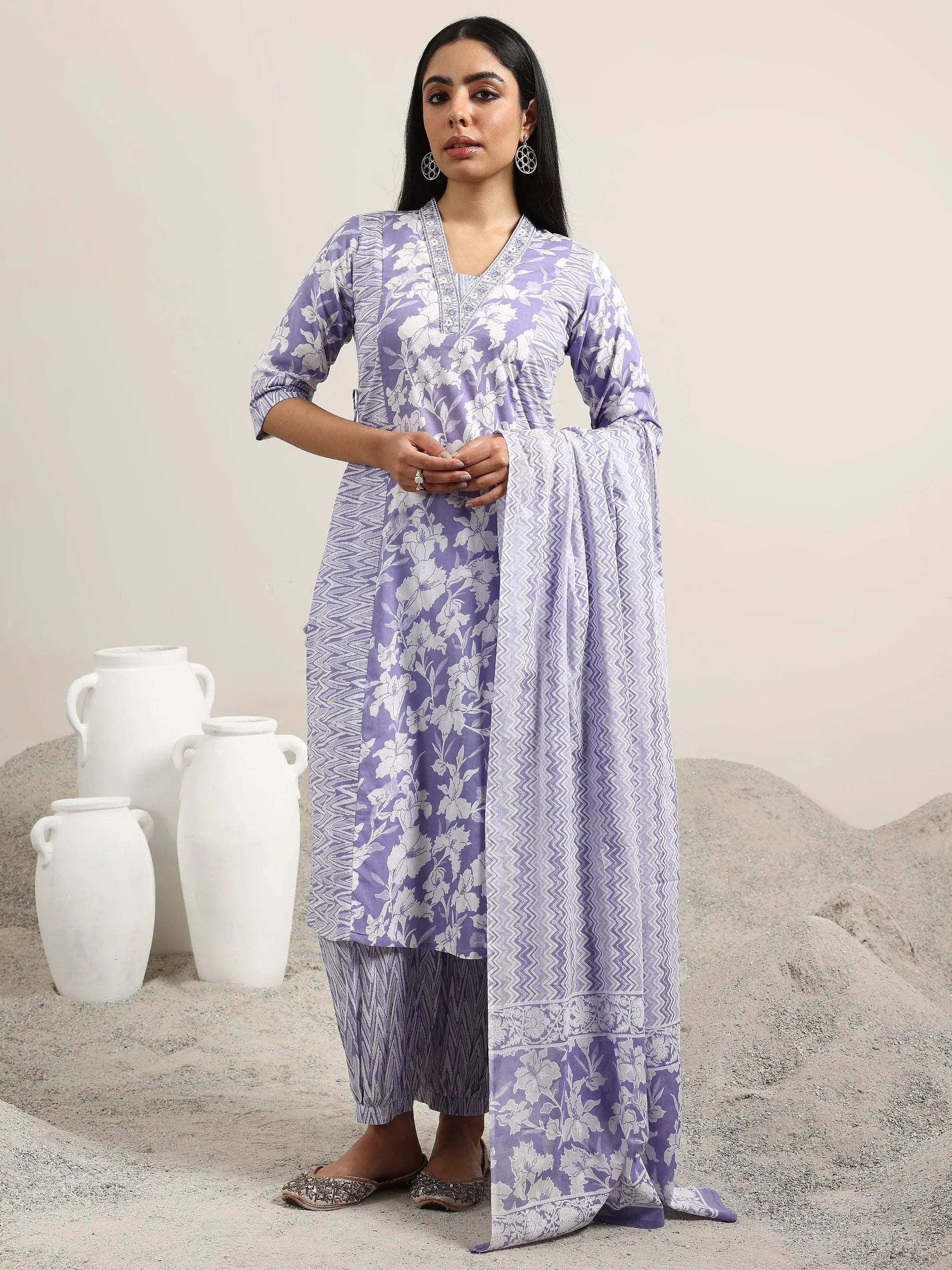 Lavender Printed Cotton Straight Suit With Dupatta