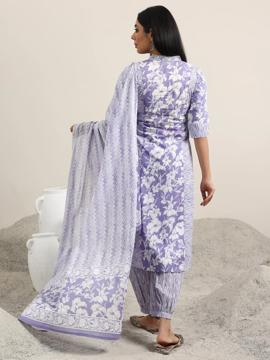 Lavender Printed Cotton Straight Suit With Dupatta