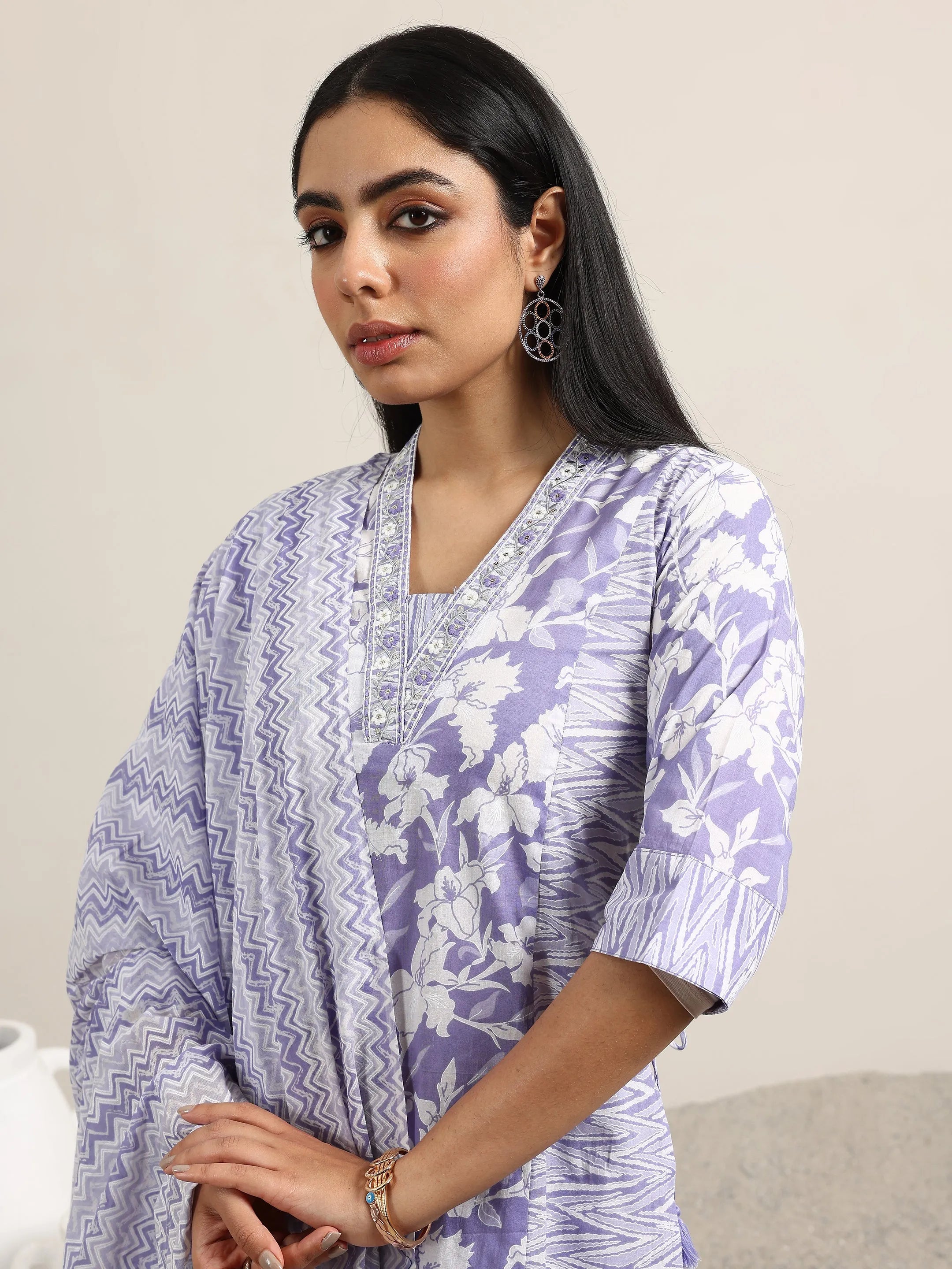 Lavender Printed Cotton Straight Suit With Dupatta