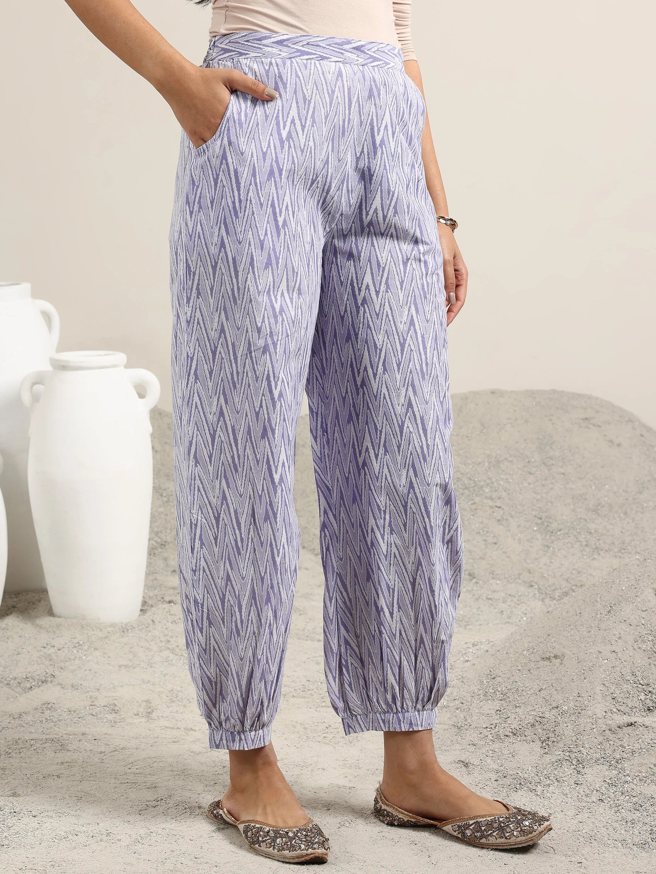 Lavender Printed Cotton Straight Suit With Dupatta