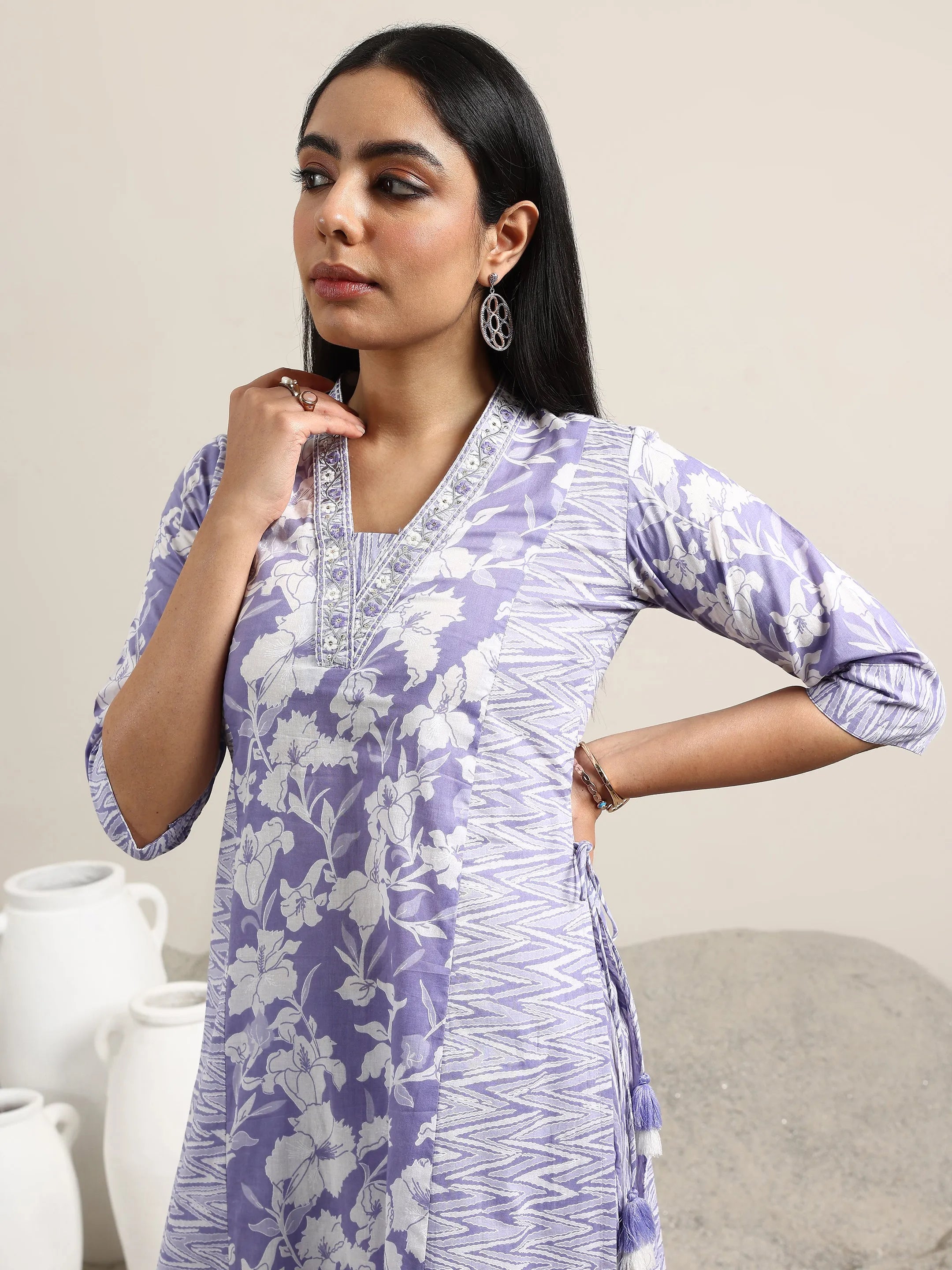 Lavender Printed Cotton Straight Suit With Dupatta