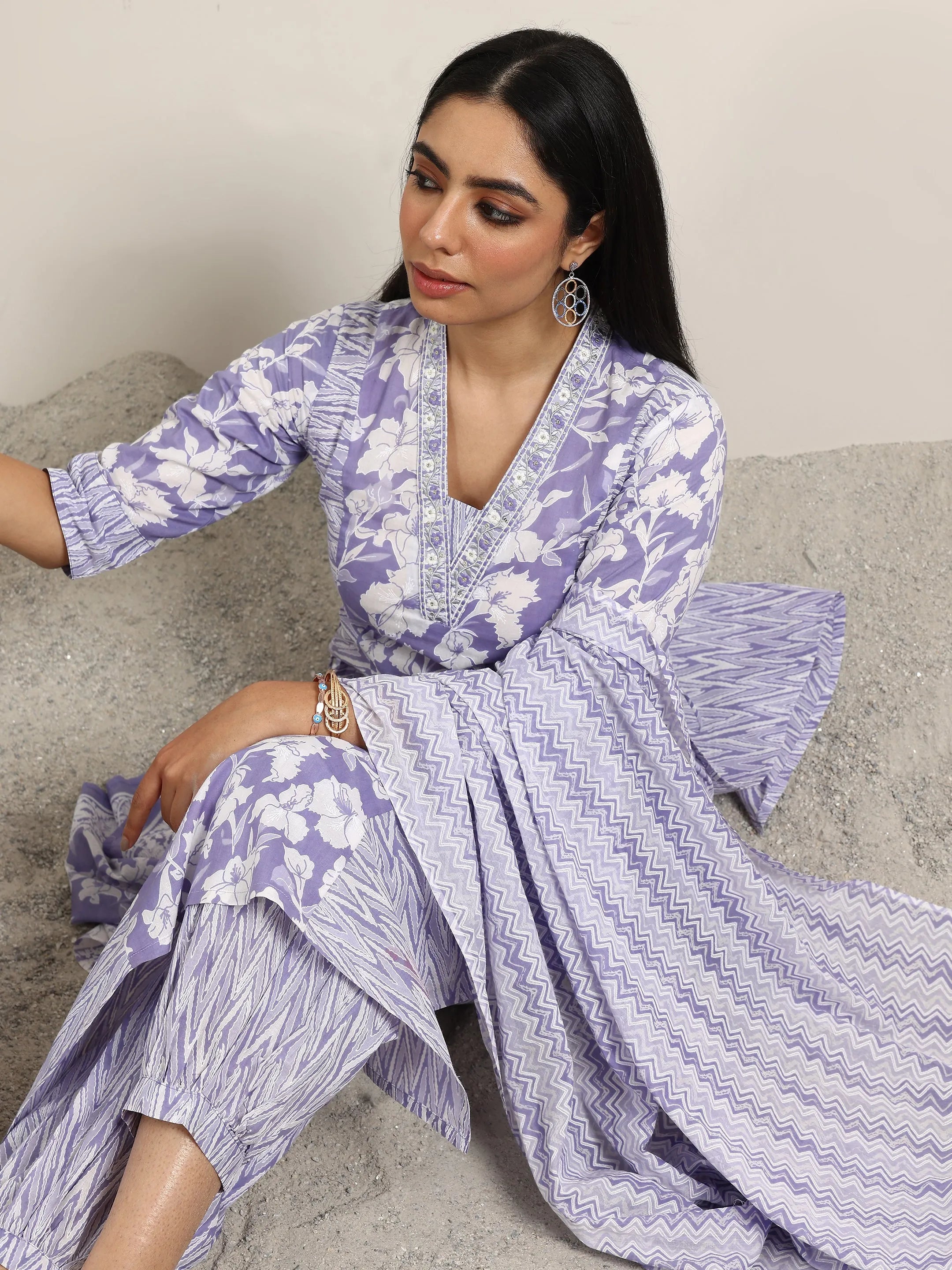 Lavender Printed Cotton Straight Suit With Dupatta