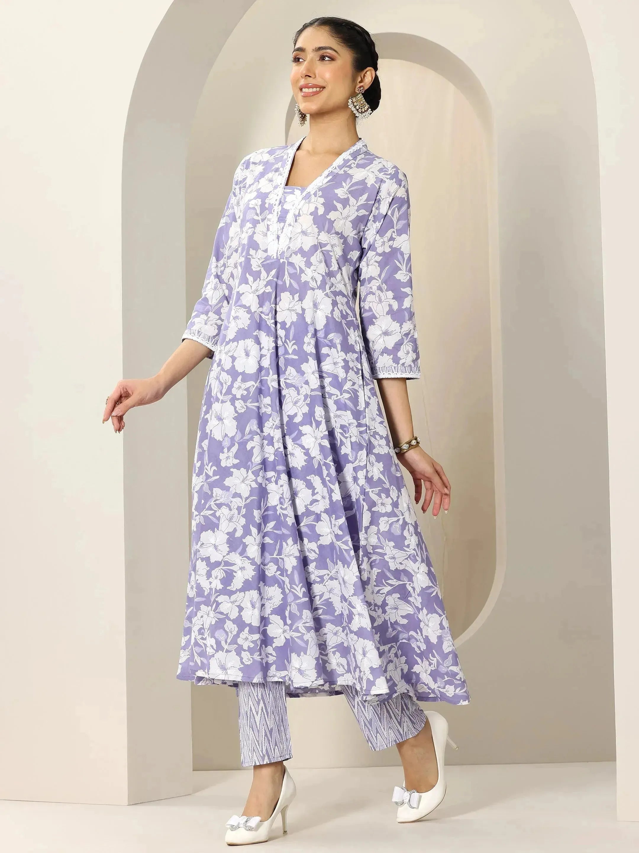 Lavender Printed Cotton Anarkali Suit Set With Dupatta