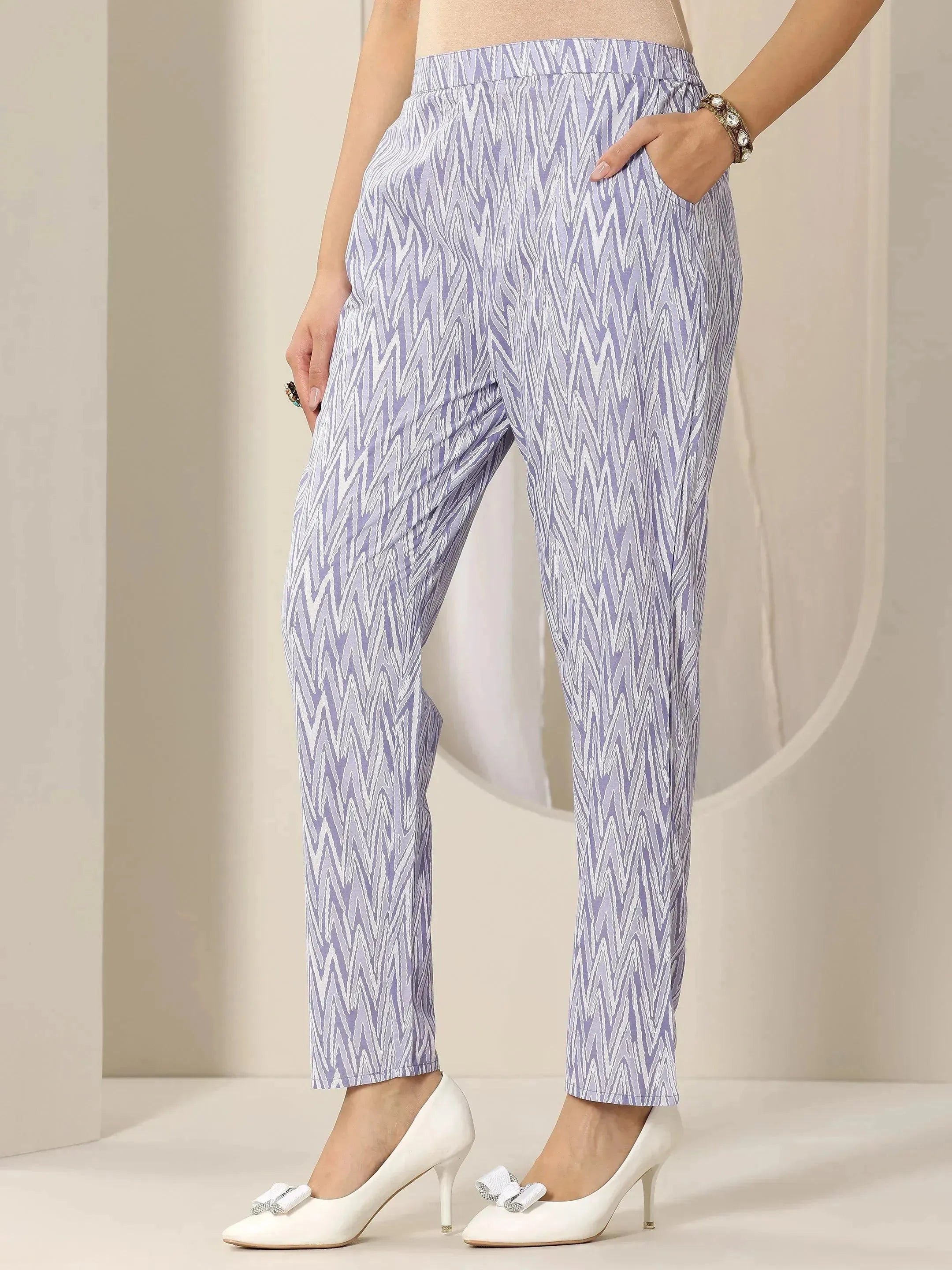 Lavender Printed Cotton Anarkali Suit Set With Dupatta