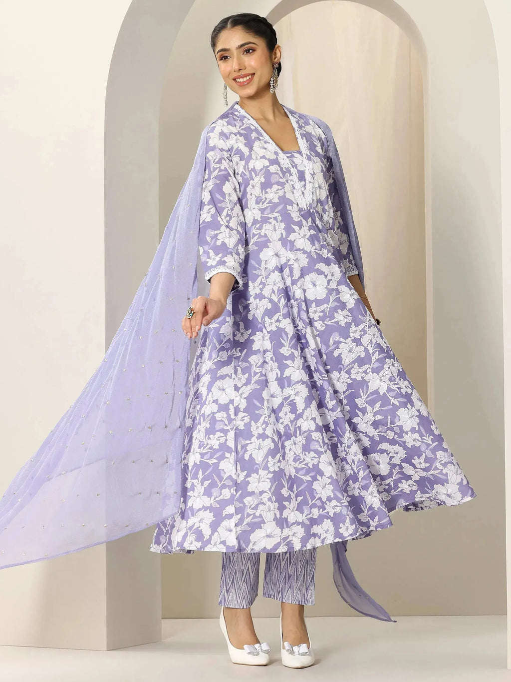 Lavender Printed Cotton Anarkali Suit Set With Dupatta