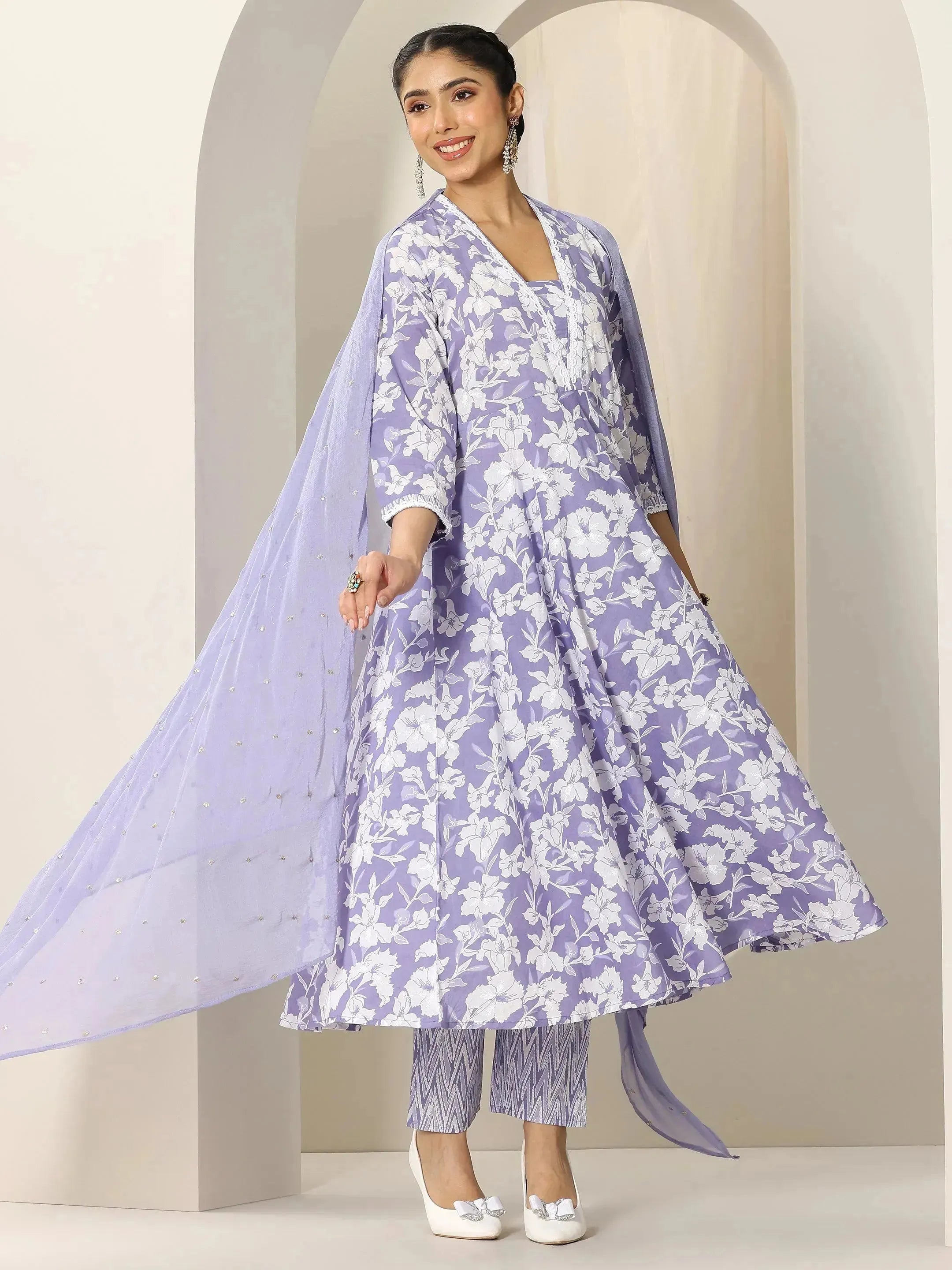 Lavender Printed Cotton Anarkali Suit Set With Dupatta