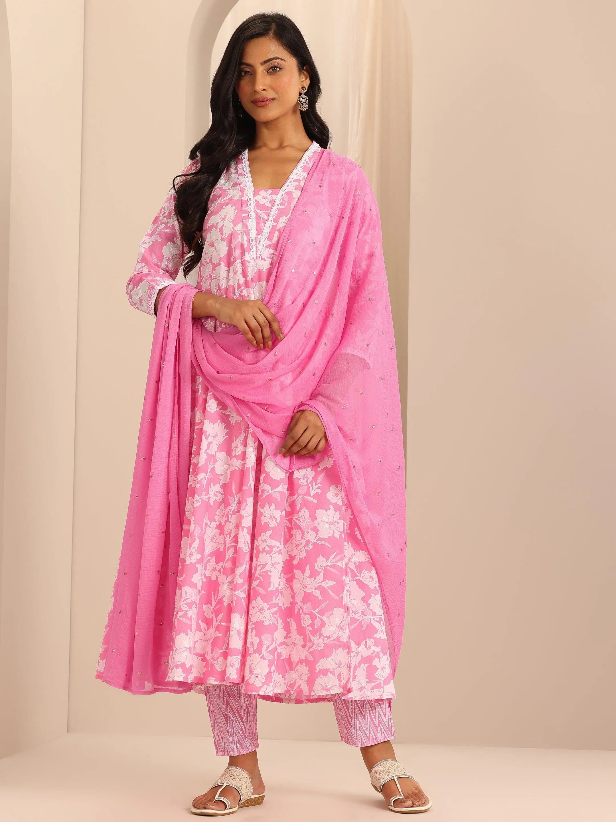 Pink Printed Cotton Anarkali Suit Set With Dupatta