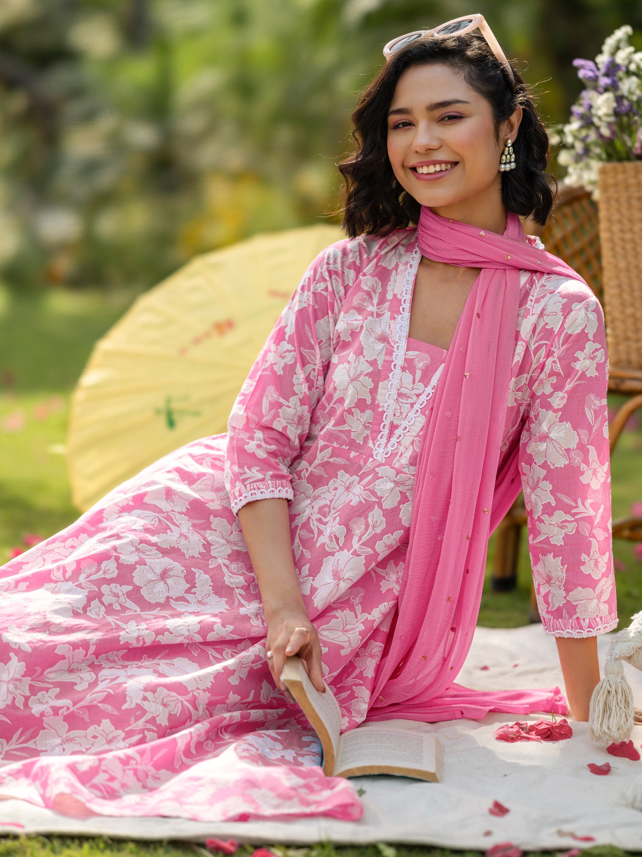 Pink Printed Cotton Anarkali Suit Set With Dupatta