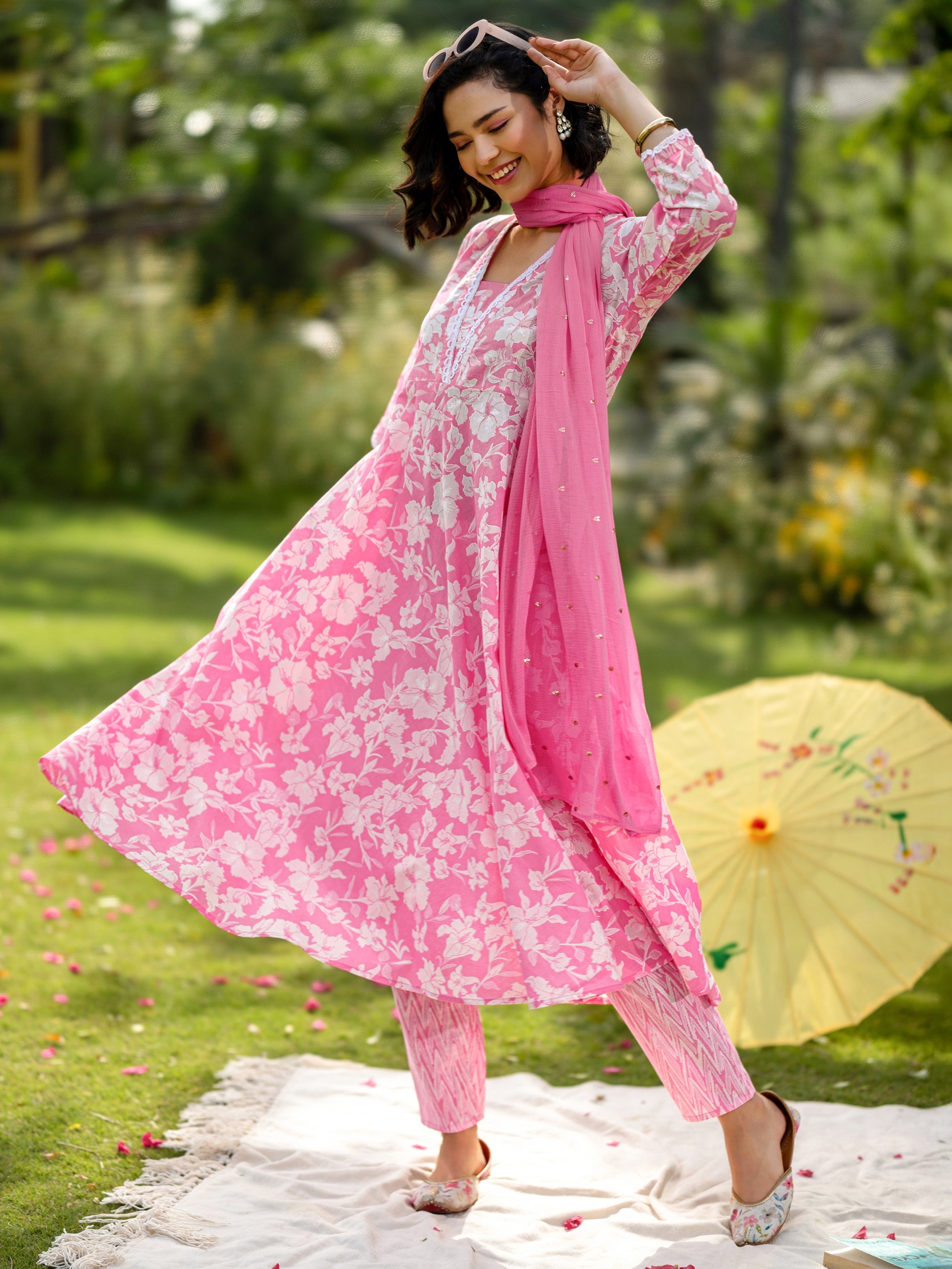 Pink Printed Cotton Anarkali Suit Set With Dupatta