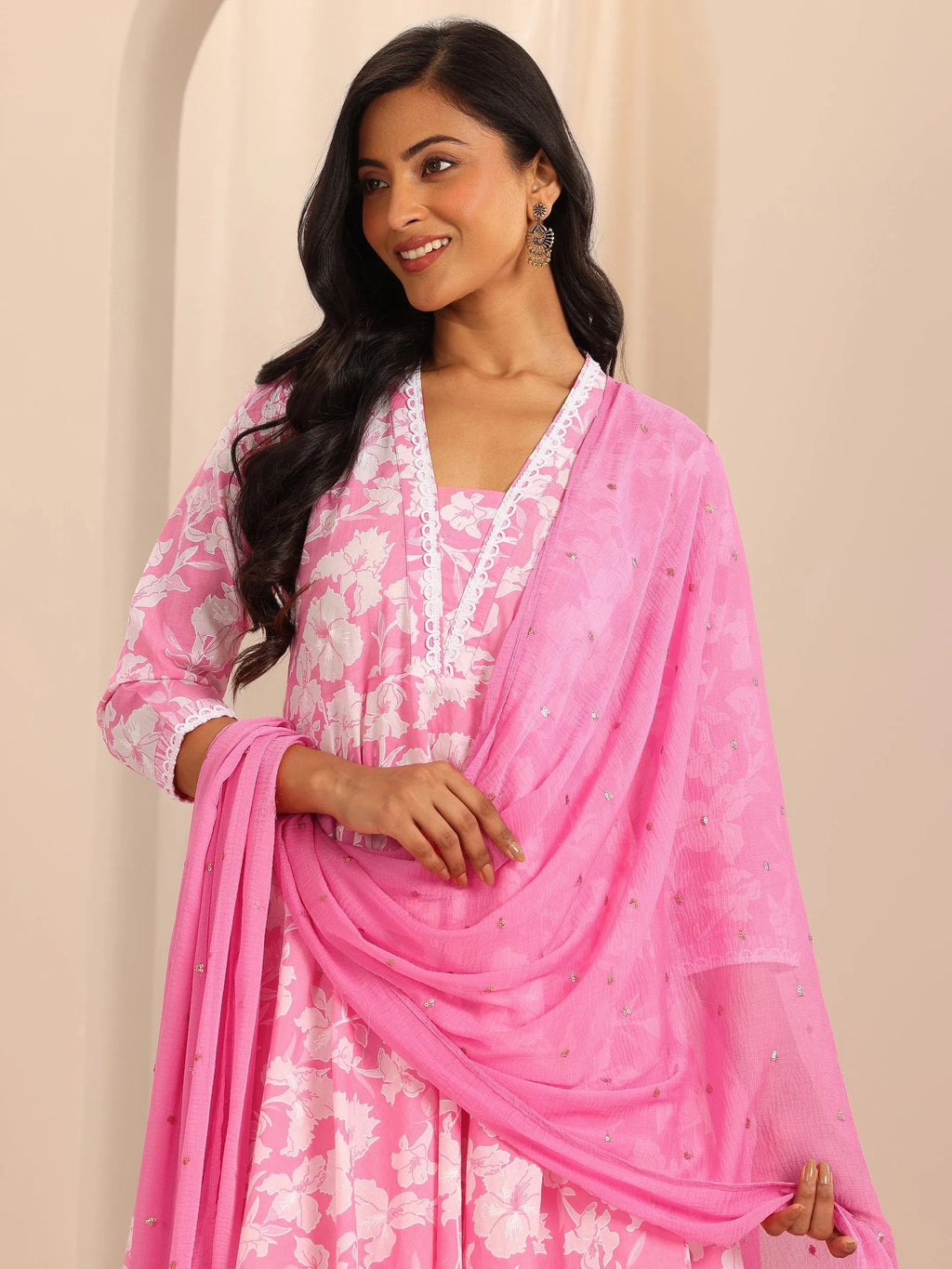 Pink Printed Cotton Anarkali Suit Set With Dupatta