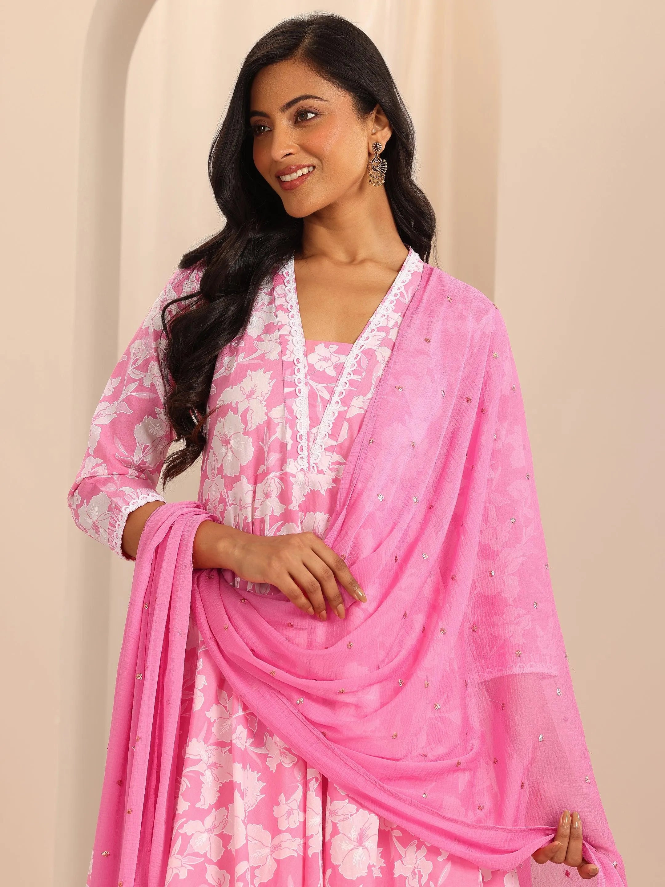 Pink Printed Cotton Anarkali Suit Set With Dupatta