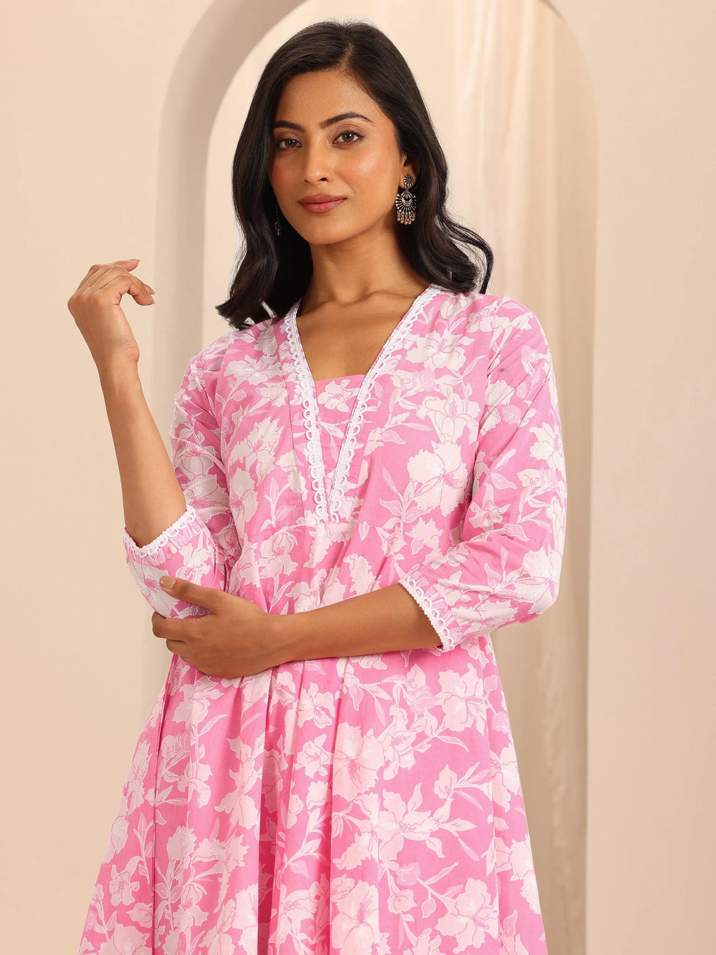 Pink Printed Cotton Anarkali Suit Set With Dupatta