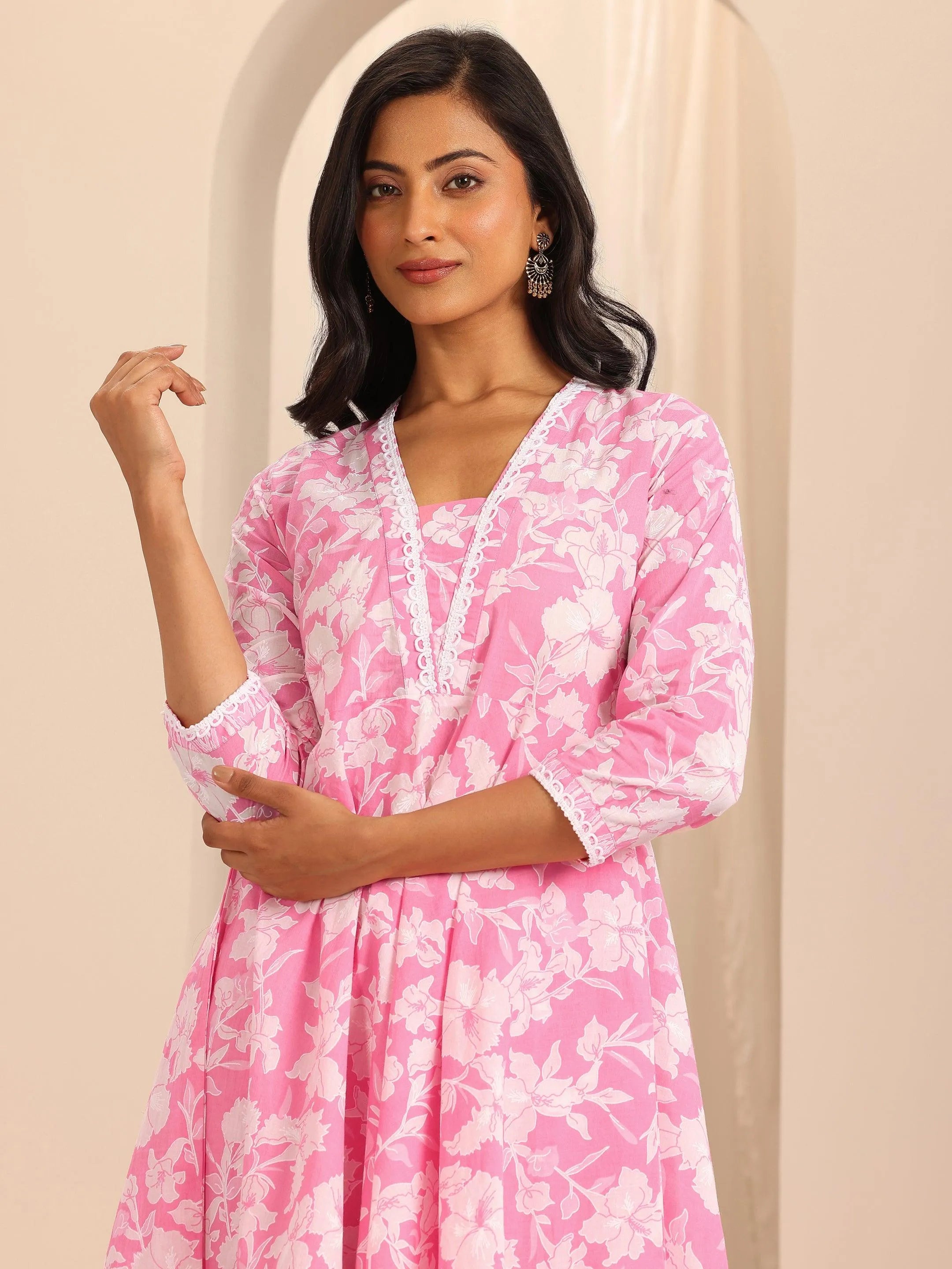 Pink Printed Cotton Anarkali Suit Set With Dupatta