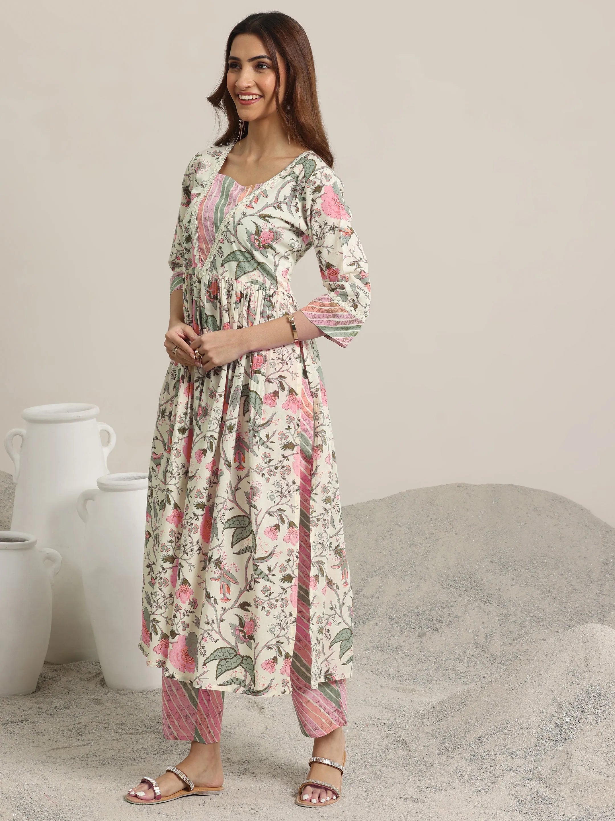 Off white Printed Cotton Anarkali Suit Set With Dupatta