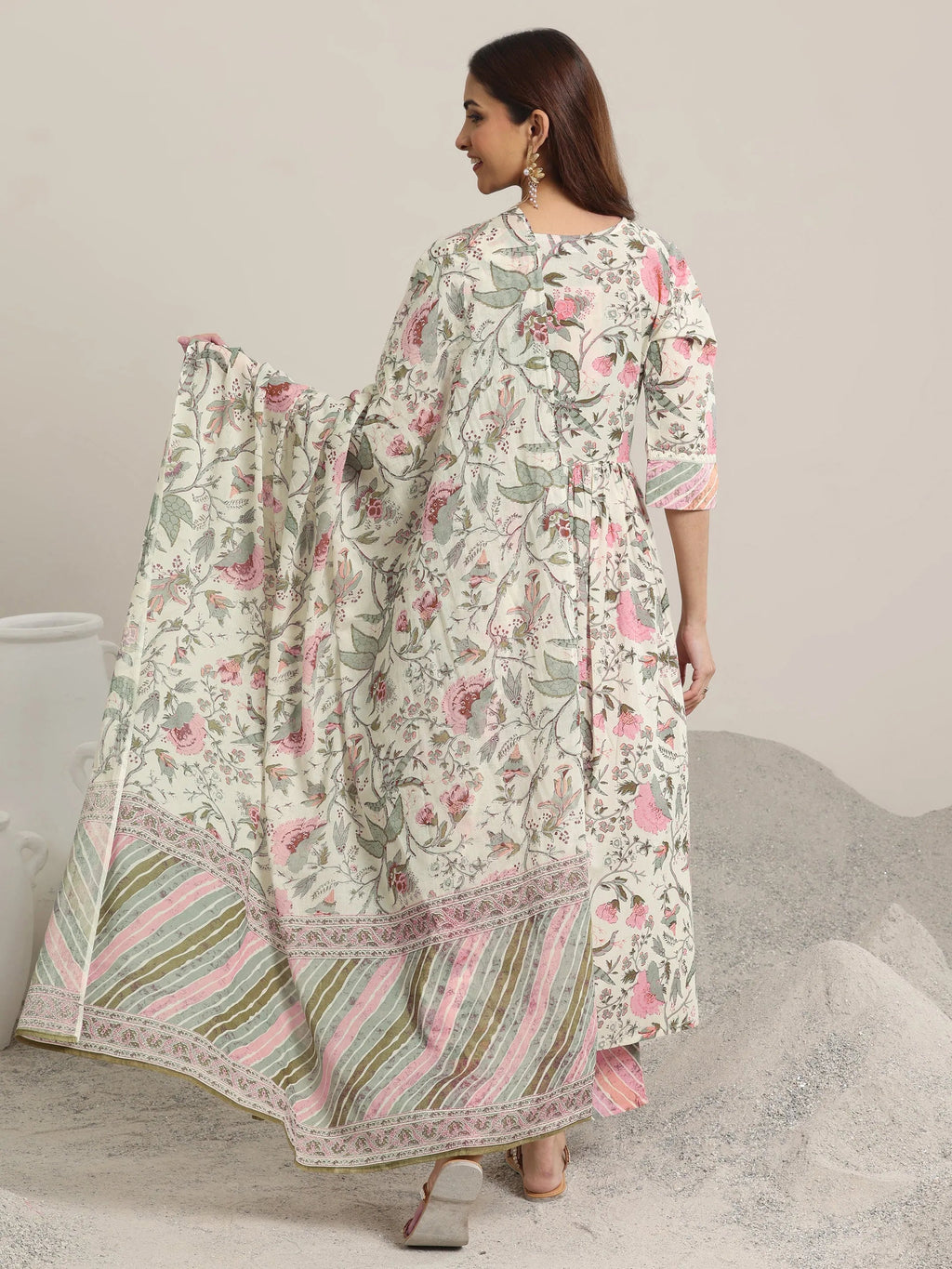 Off white Printed Cotton Anarkali Suit Set With Dupatta