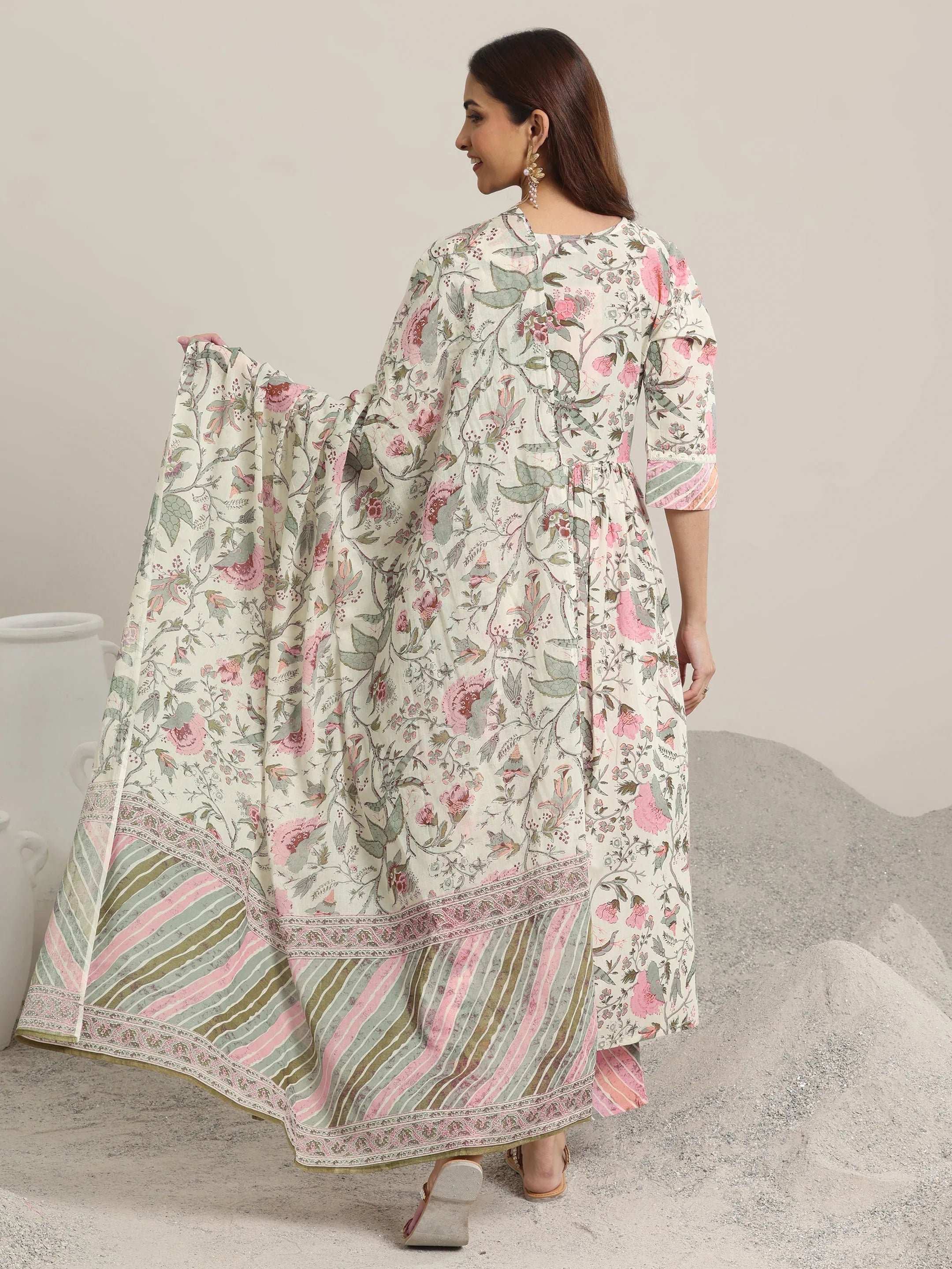 Off white Printed Cotton Anarkali Suit Set With Dupatta