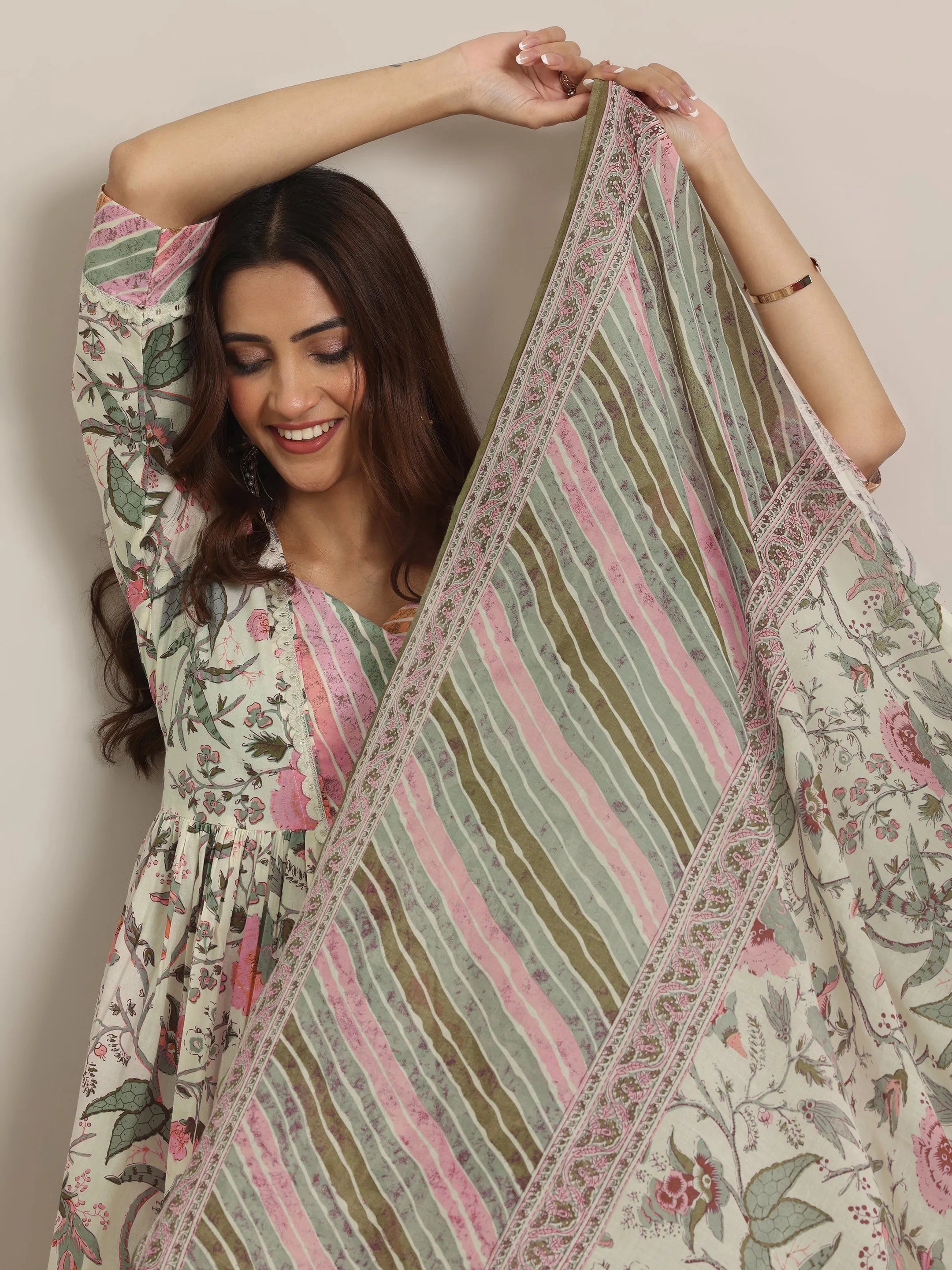 Off white Printed Cotton Anarkali Suit Set With Dupatta