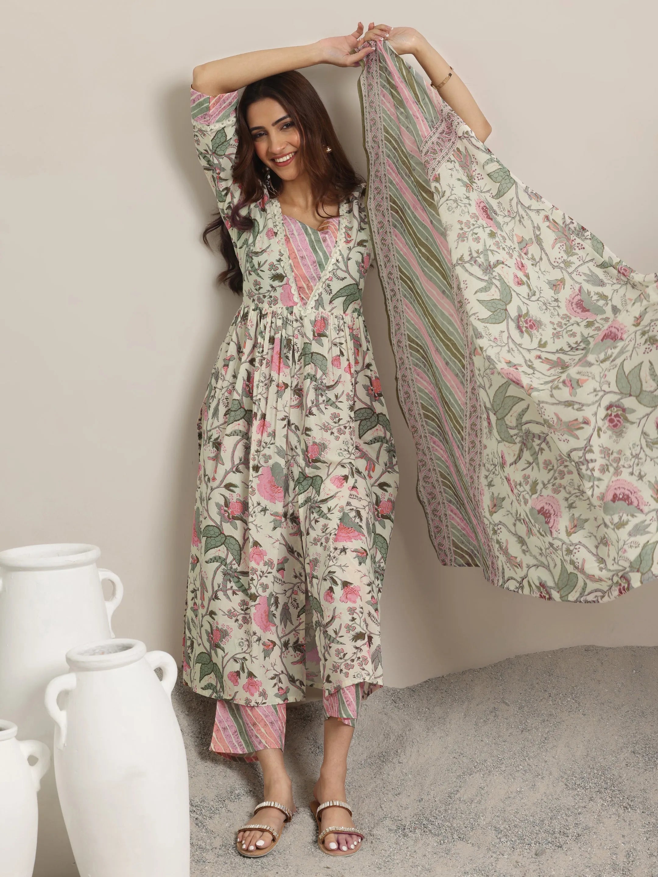 Off white Printed Cotton Anarkali Suit Set With Dupatta